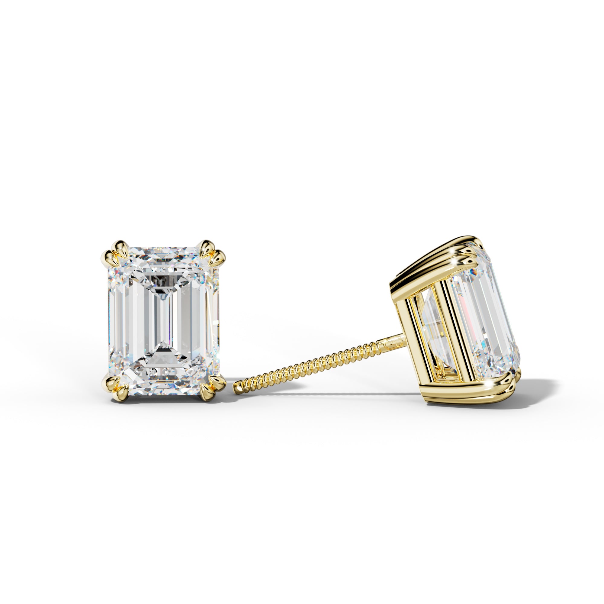 Emerald Cut Diamond Stud Earrings With Claw Double Prongs
