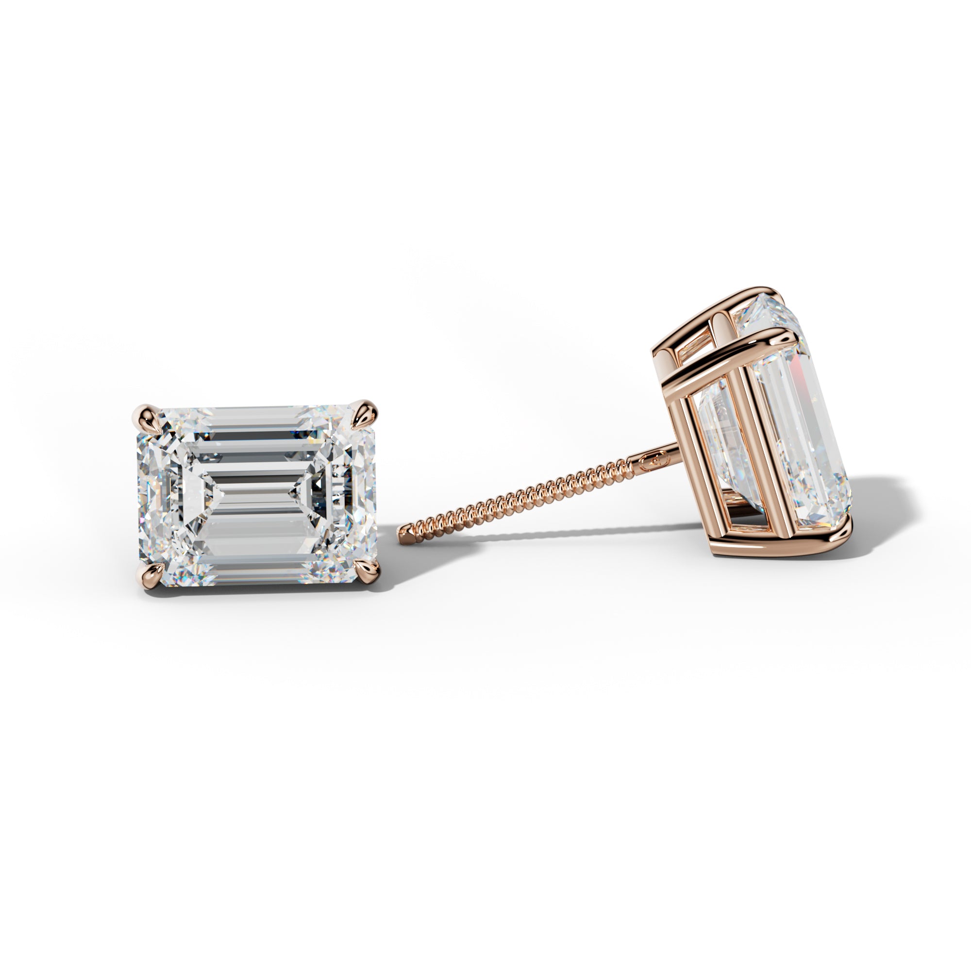 Emerald Cut Diamond Stud Earrings With Four Claw Prongs