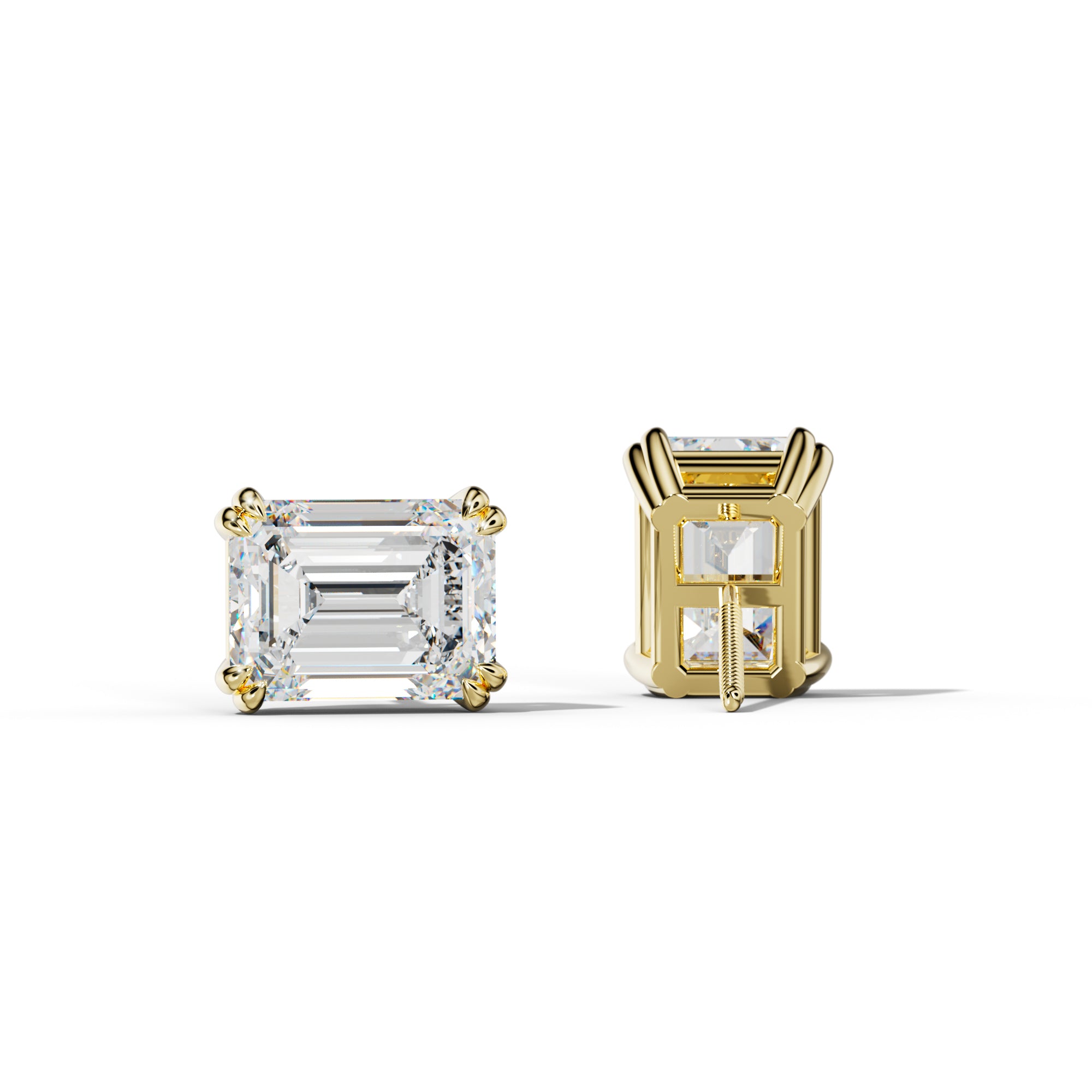 Emerald Cut Diamond Stud Earrings With Claw Double Prongs