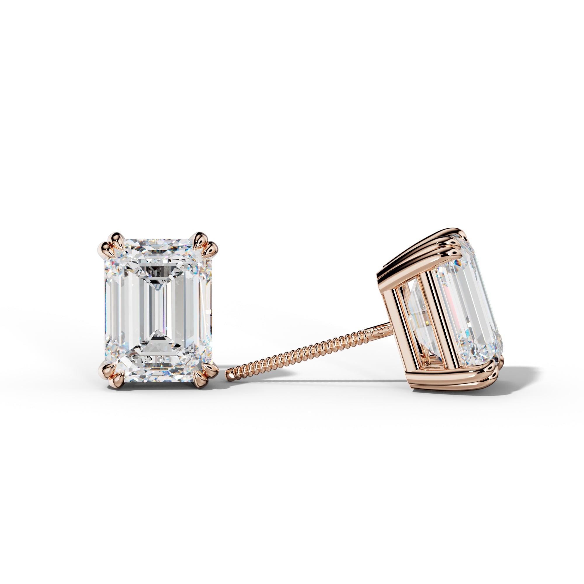 Emerald Cut Diamond Stud Earrings With Claw Double Prongs