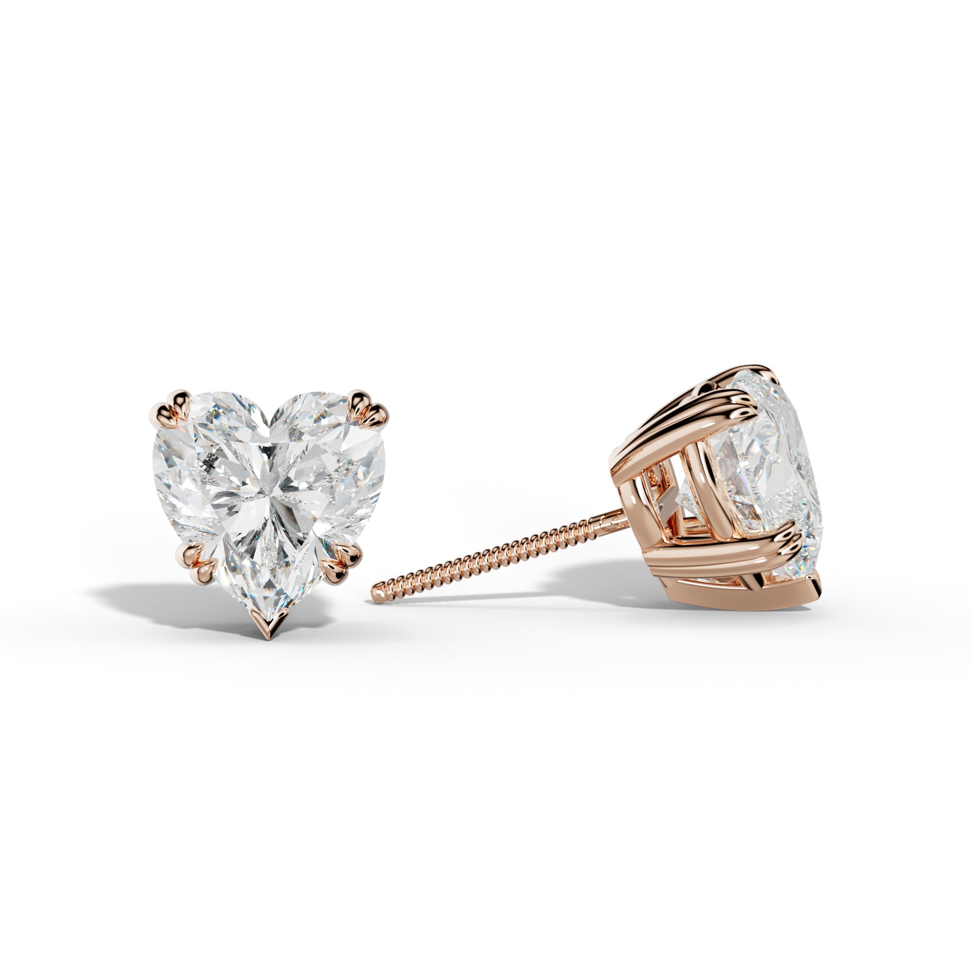 Heart Diamond Stud Earrings With Claw Double And V Prongs