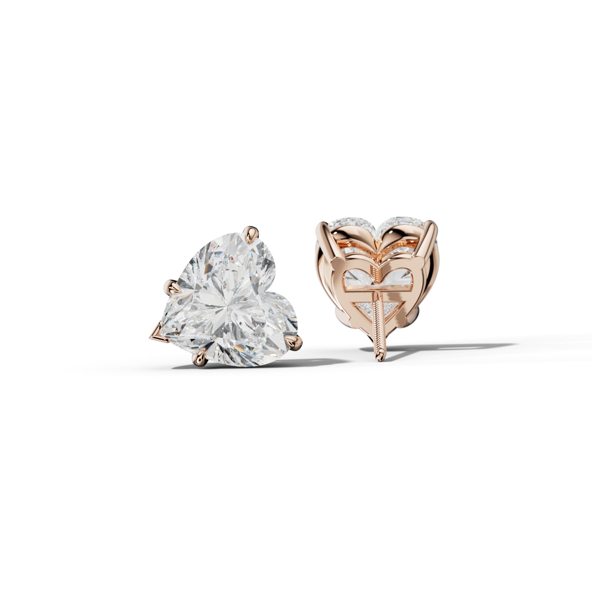 Heart Diamond Stud Earrings With Four Claw And V Prongs