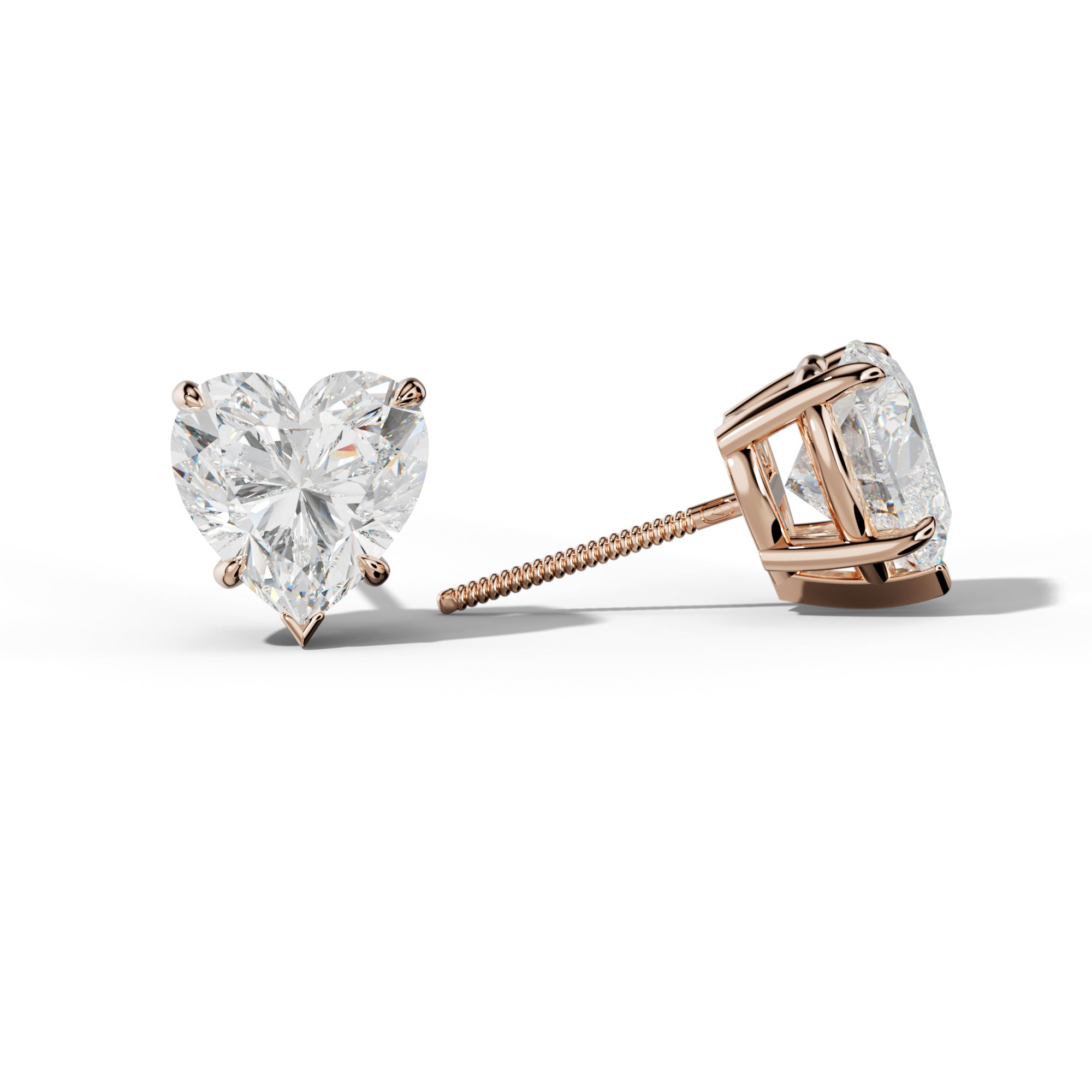 Heart Diamond Stud Earrings With Four Claw And V Prongs