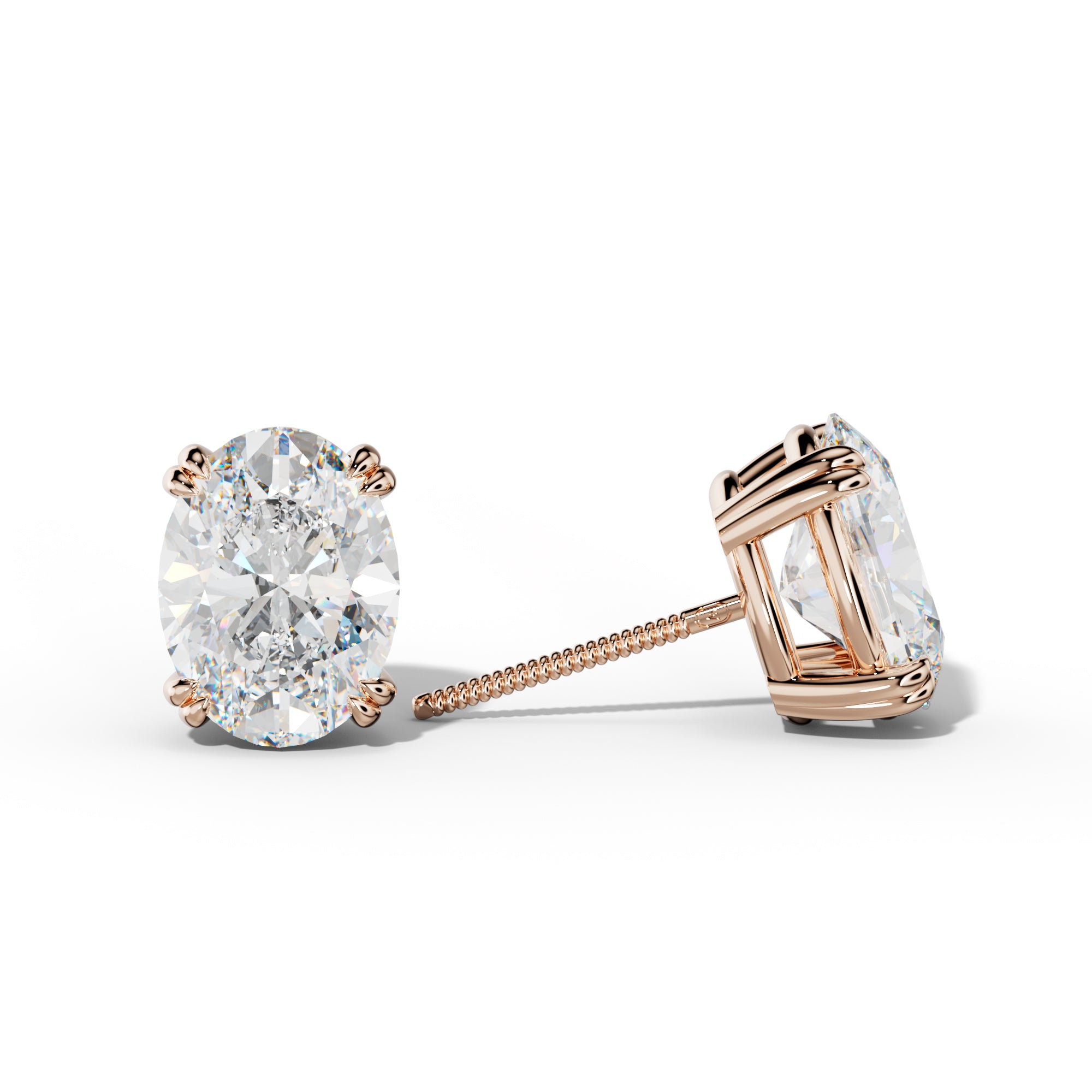 Oval Diamond Stud Earrings With Claw Double Prongs