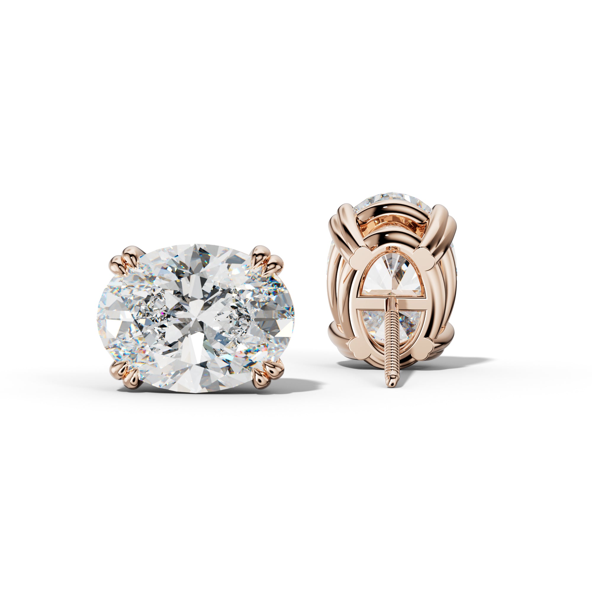 Oval Diamond Stud Earrings With Claw Double Prongs