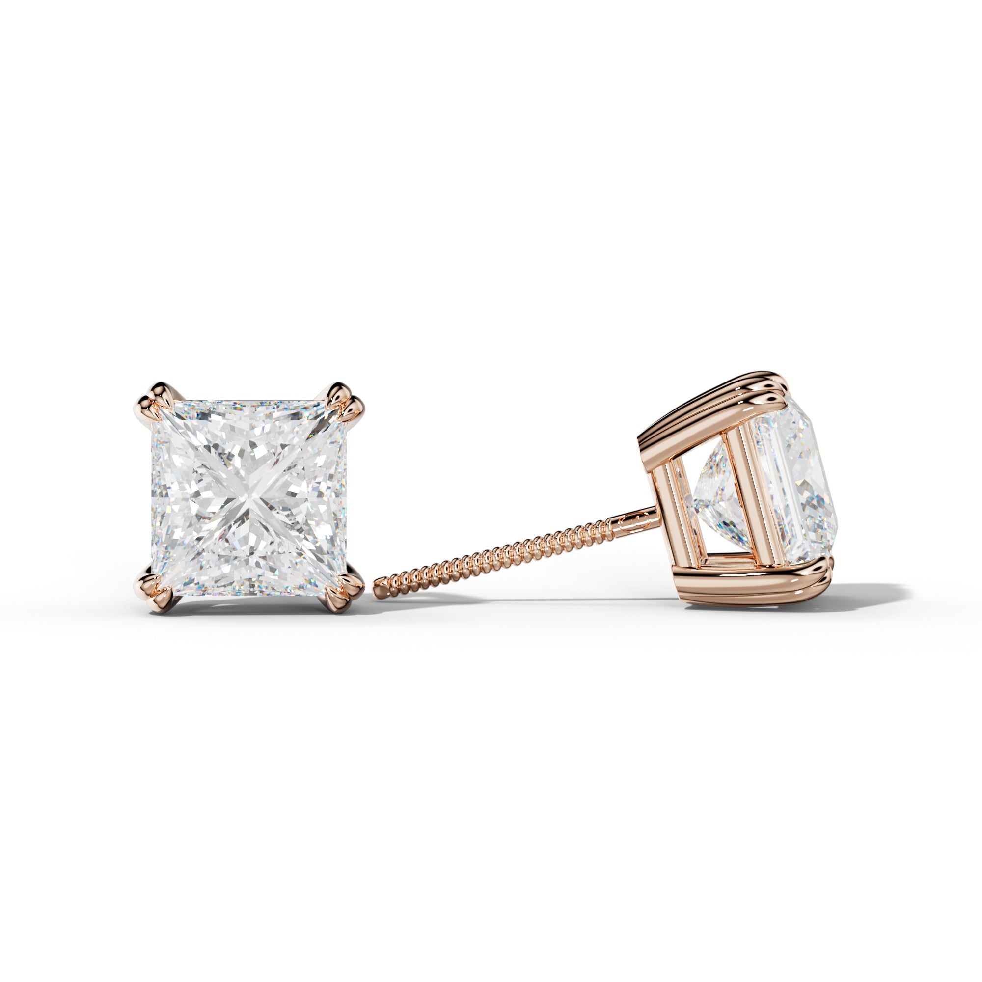 Princess Cut  Diamond Stud Earrings With Claw Double Prongs