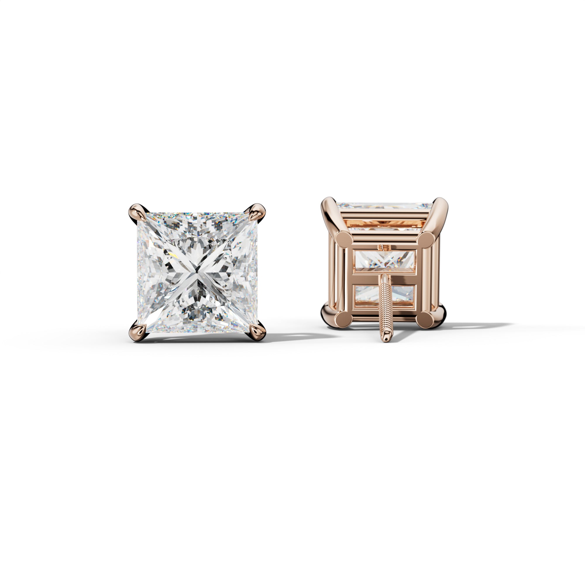 Princess Cut  Diamond Stud Earrings With Four Claw Prongs