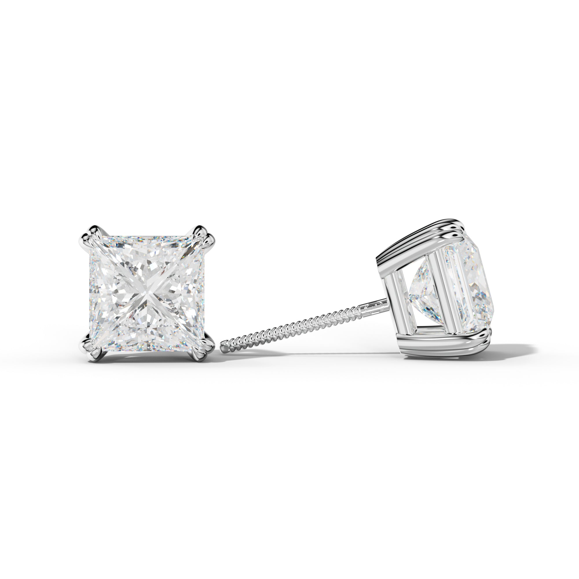 Princess Cut  Diamond Stud Earrings With Claw Double Prongs