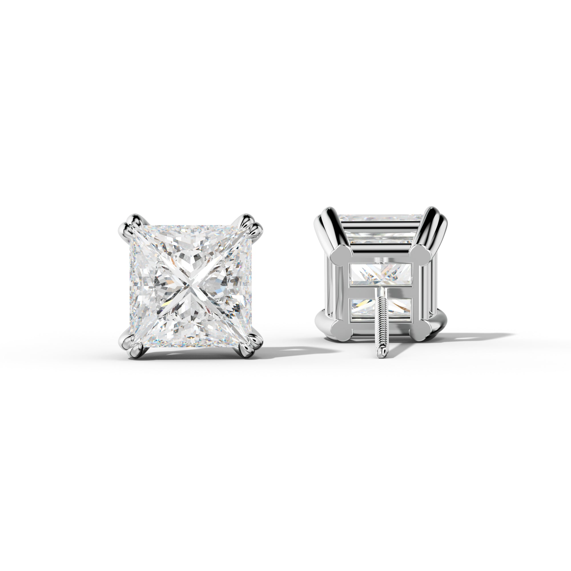 Princess Cut  Diamond Stud Earrings With Claw Double Prongs