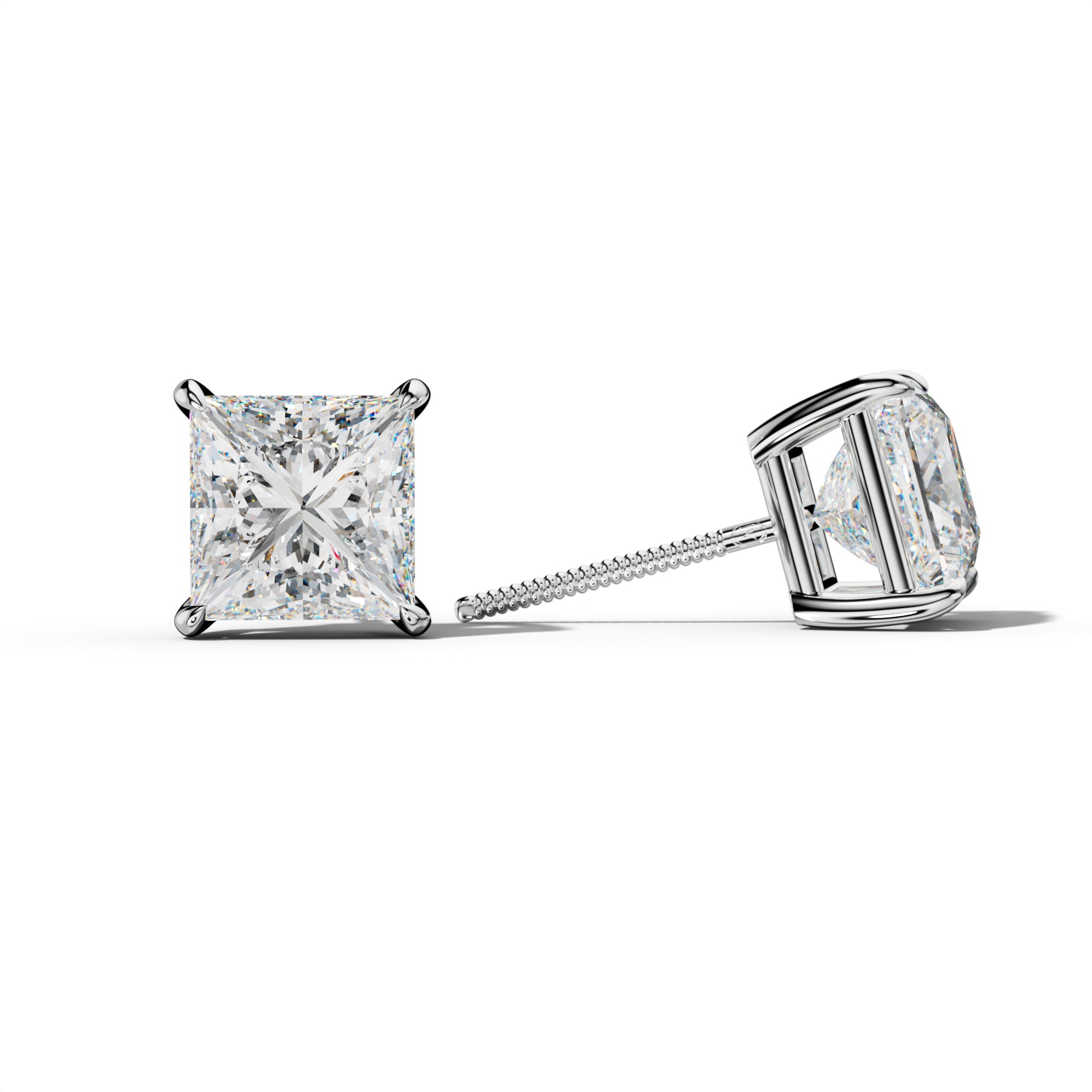 Princess Cut  Diamond Stud Earrings With Four Claw Prongs