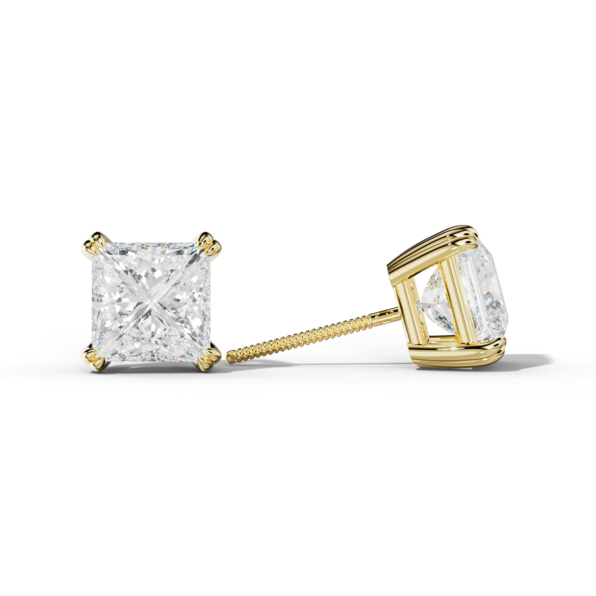 Princess Cut  Diamond Stud Earrings With Claw Double Prongs