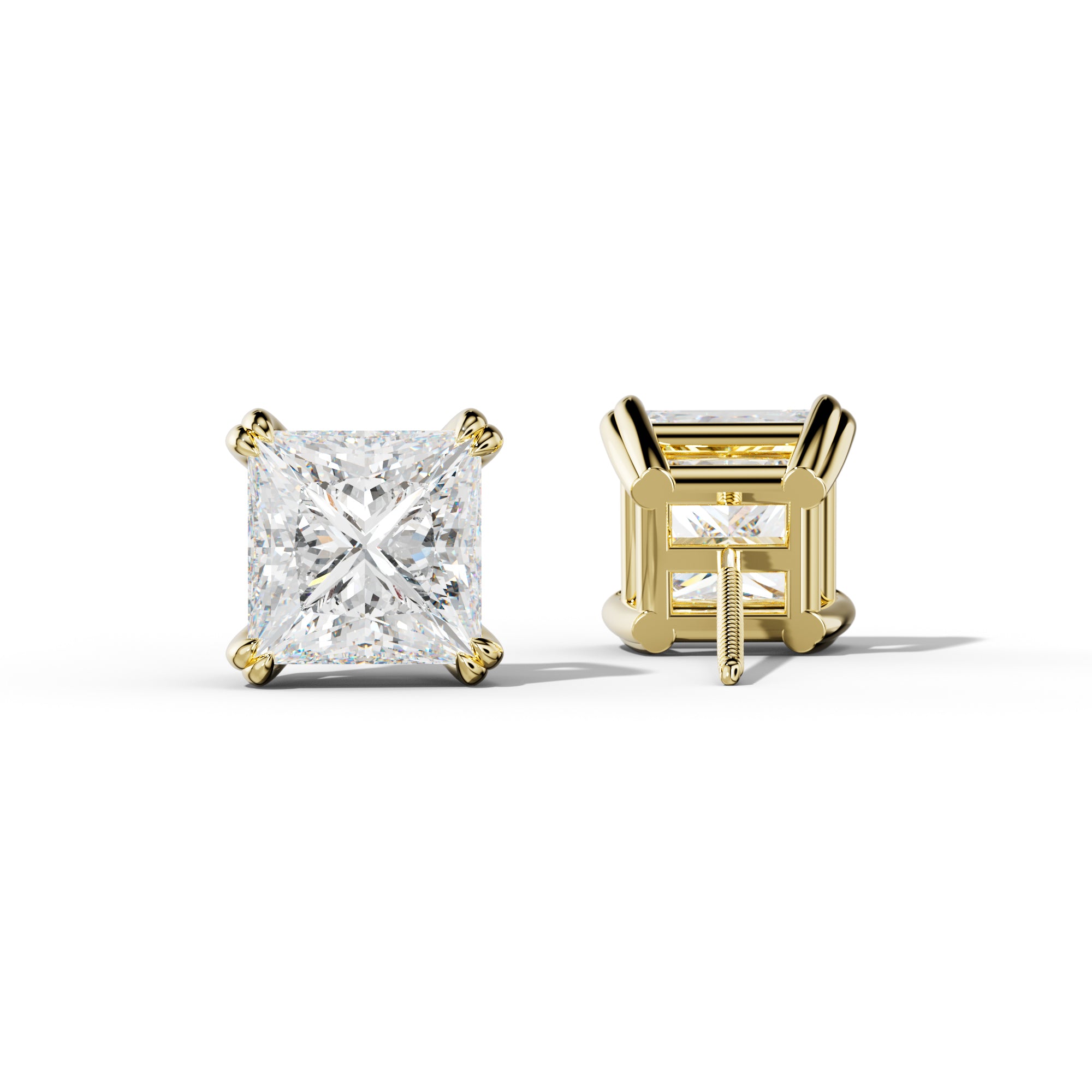 Princess Cut  Diamond Stud Earrings With Claw Double Prongs