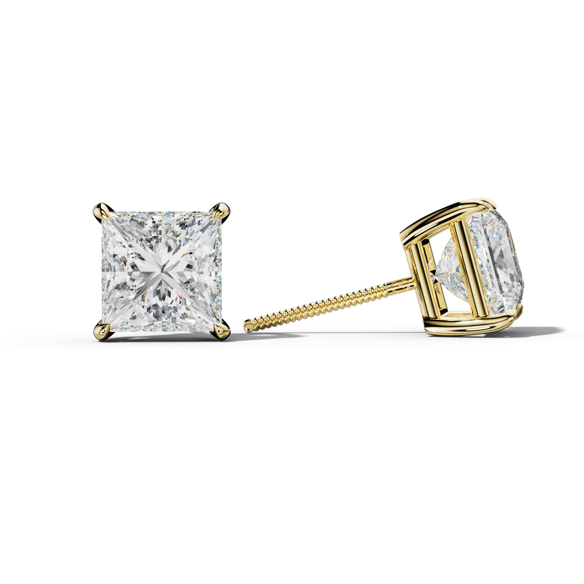 Princess Cut  Diamond Stud Earrings With Four Claw Prongs