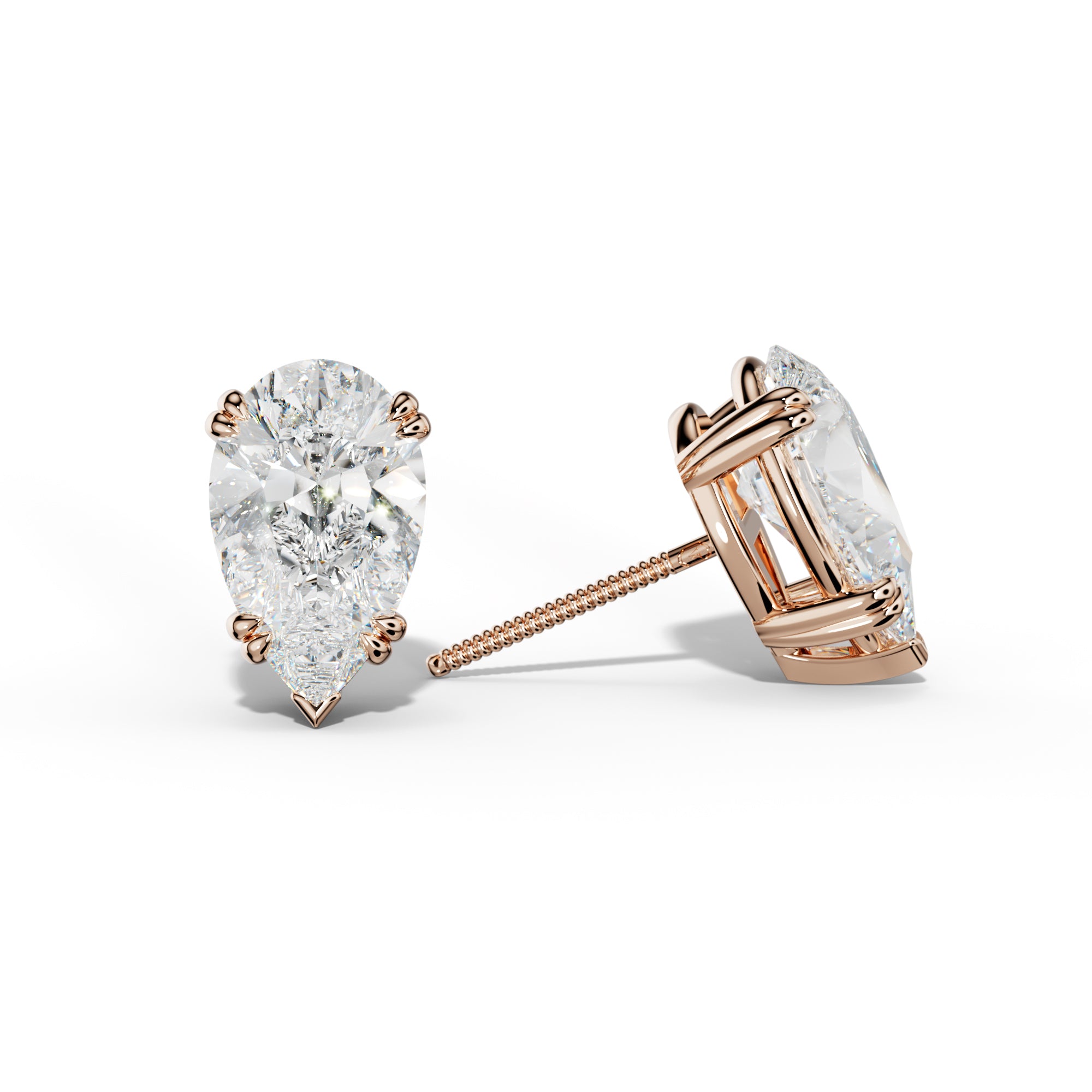 Pear Shape Diamond Stud Earrings With Claw Double And V Prongs