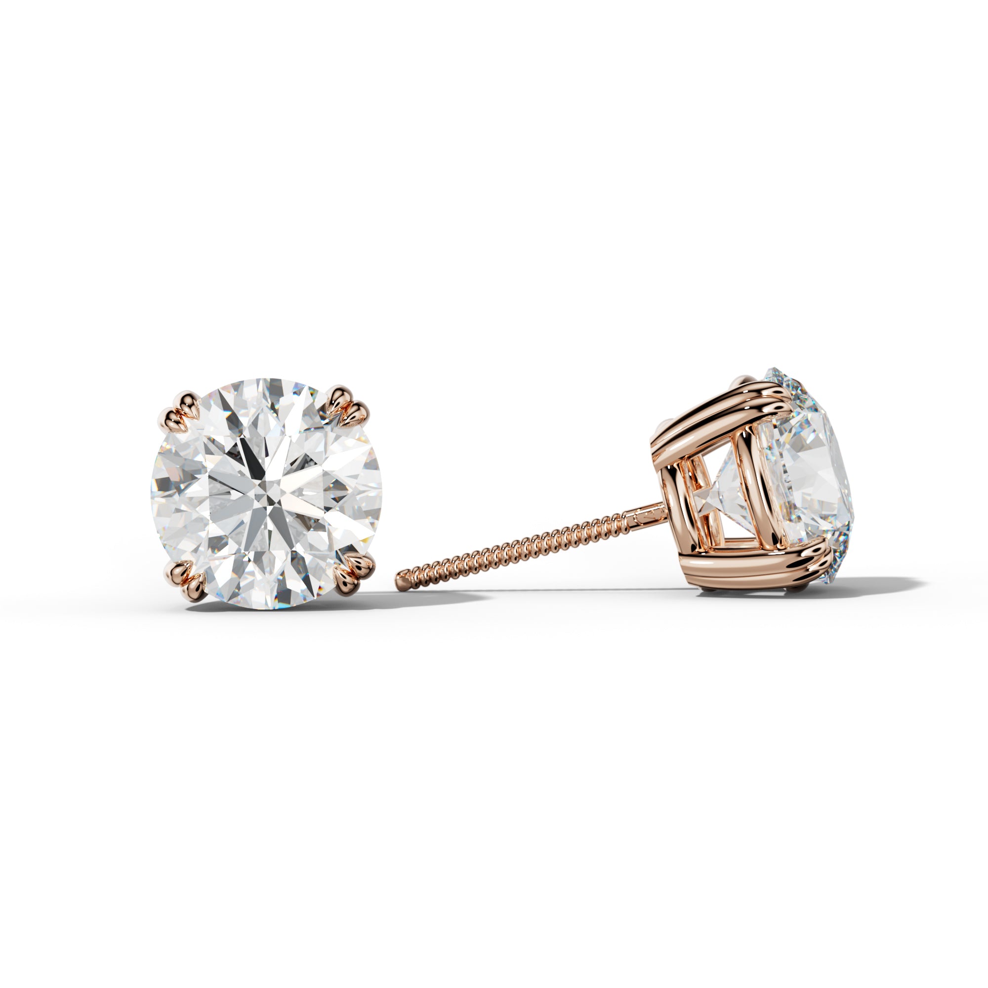 Round Diamond Stud Earrings With Claw Double Prongs