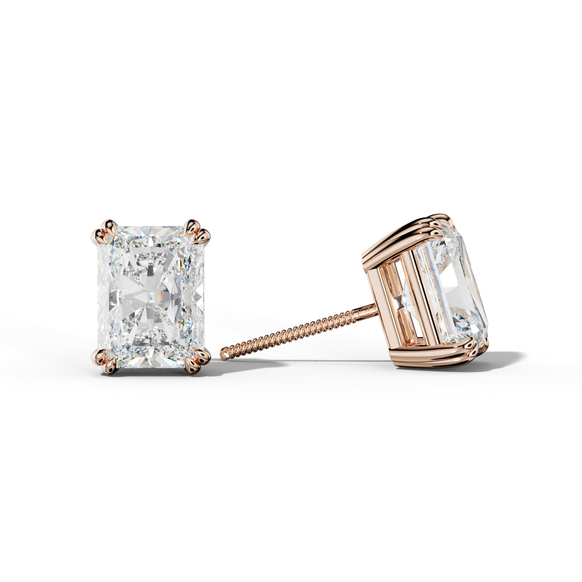 Radiant Diamond Stud Earrings With Claw Double Prongs
