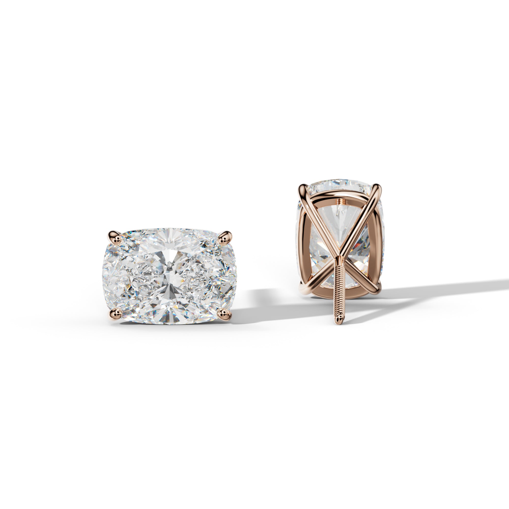 Elongated Cushion Diamond Stud Earrings With Four Classic Prong Martini Settings