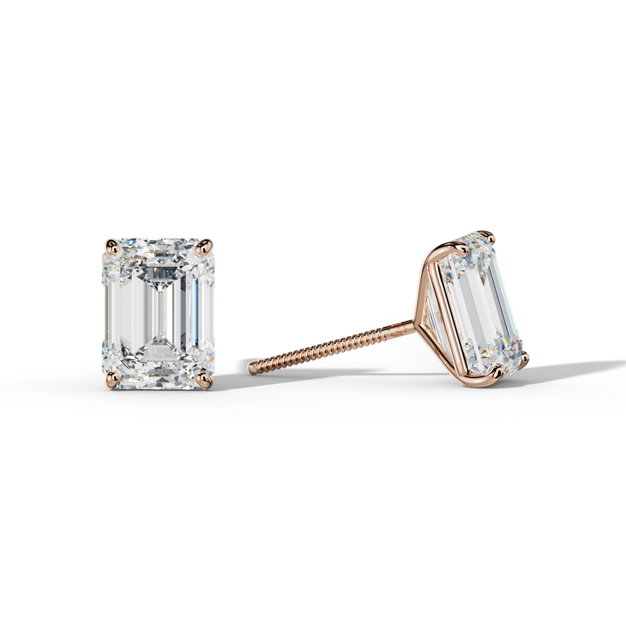Emerald Cut Diamond Stud Earrings With Four Classic Prong Martini Settings