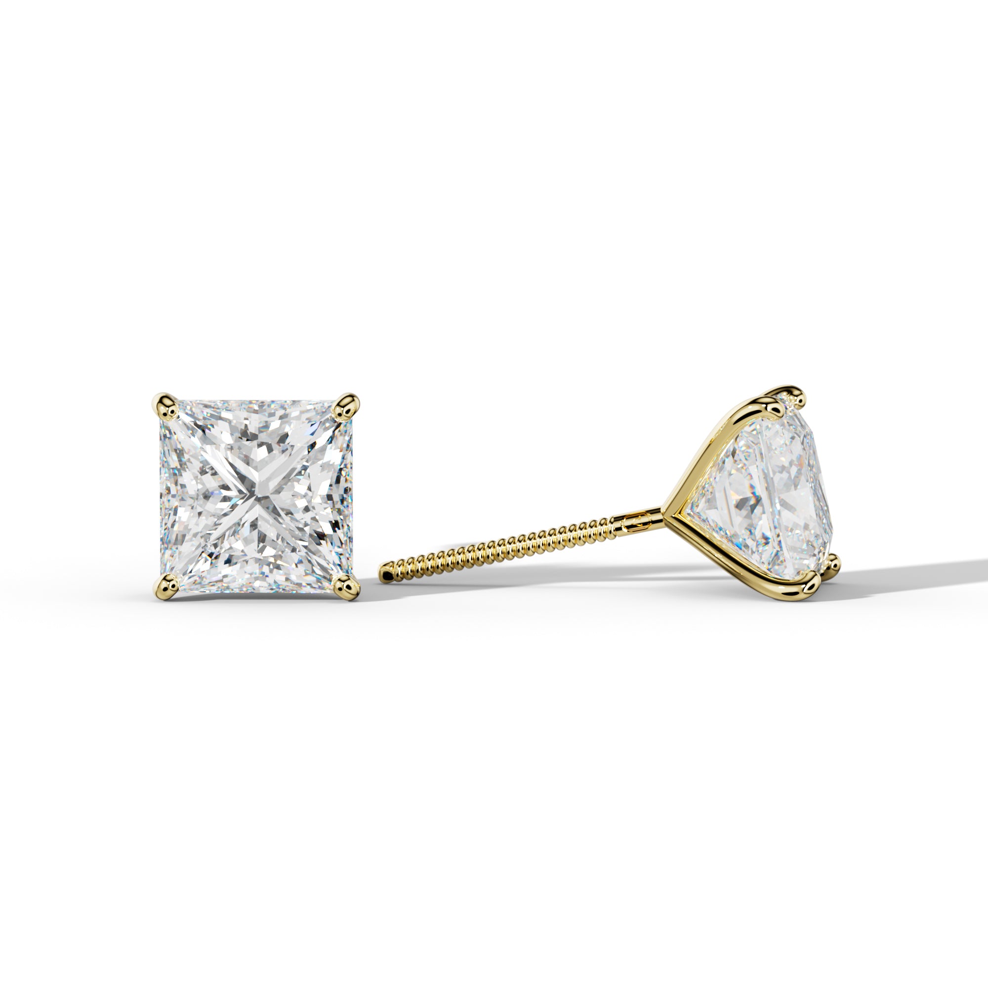 Princess Cut  Diamond Stud Earrings With  Four Classic Prong Martini Settings
