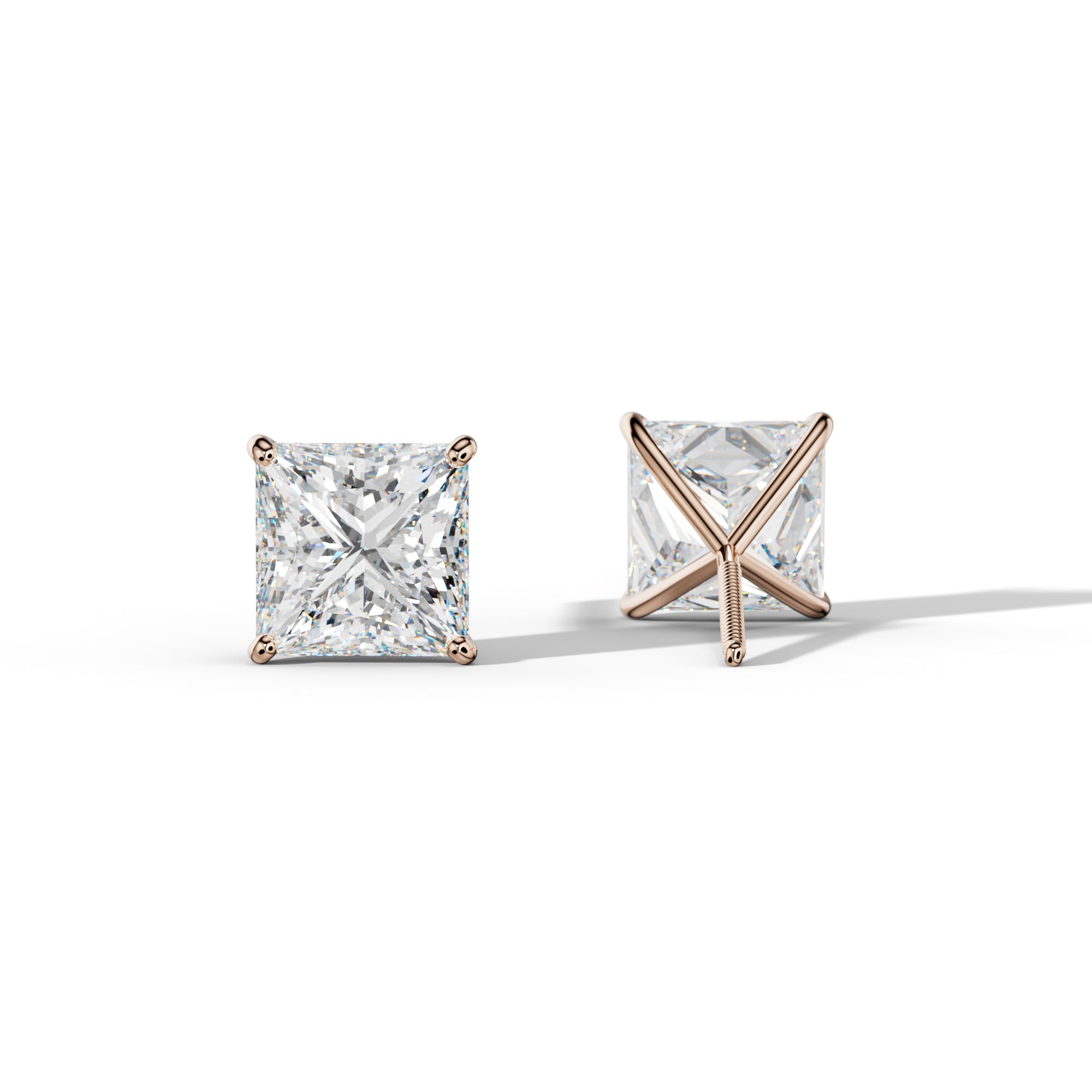Princess Cut  Diamond Stud Earrings With  Four Classic Prong Martini Settings
