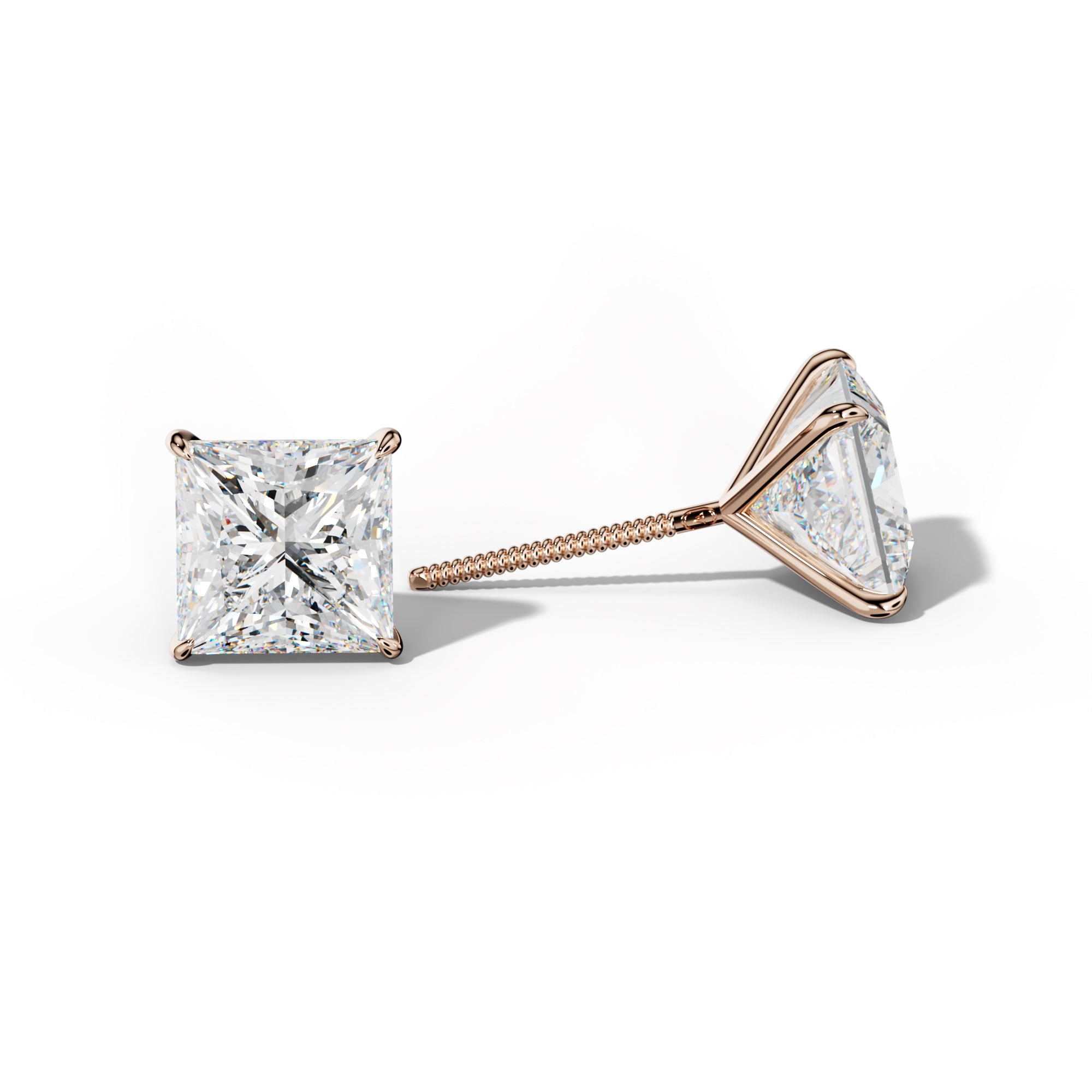 Princess Cut  Diamond Stud Earrings With  Four Prong Martini Settings