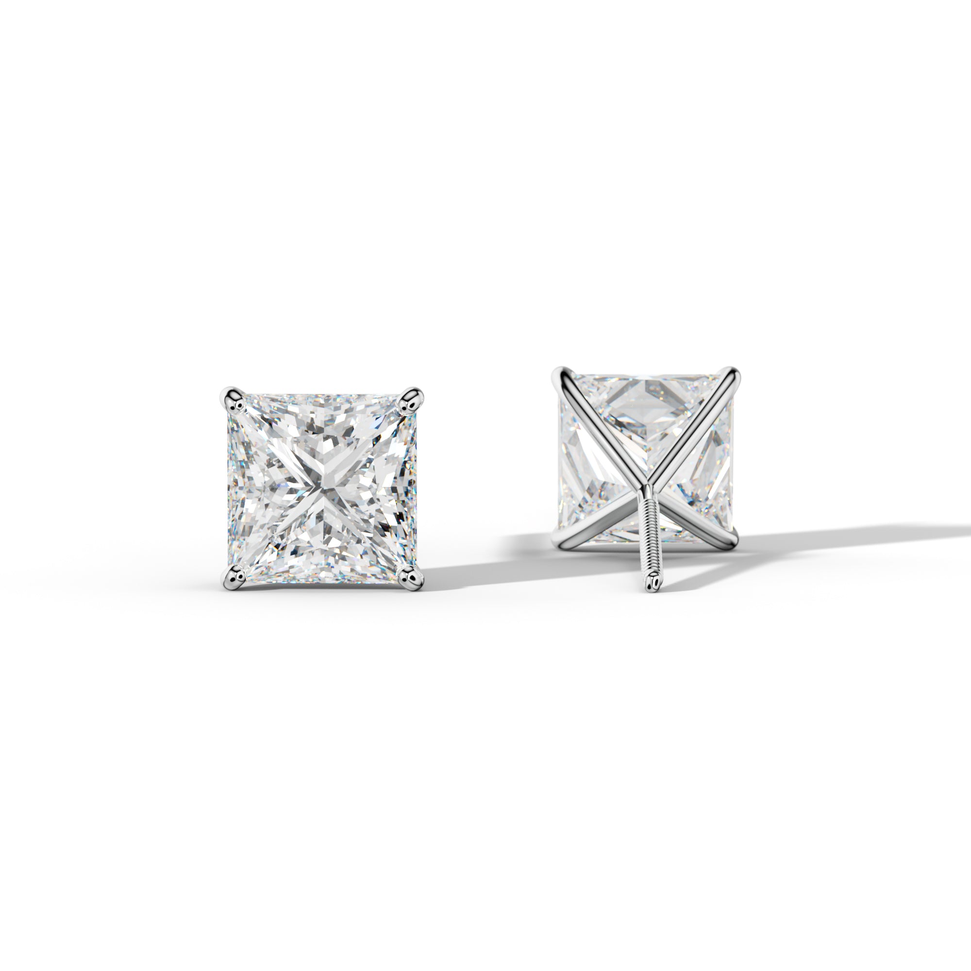Princess Cut  Diamond Stud Earrings With  Four Classic Prong Martini Settings
