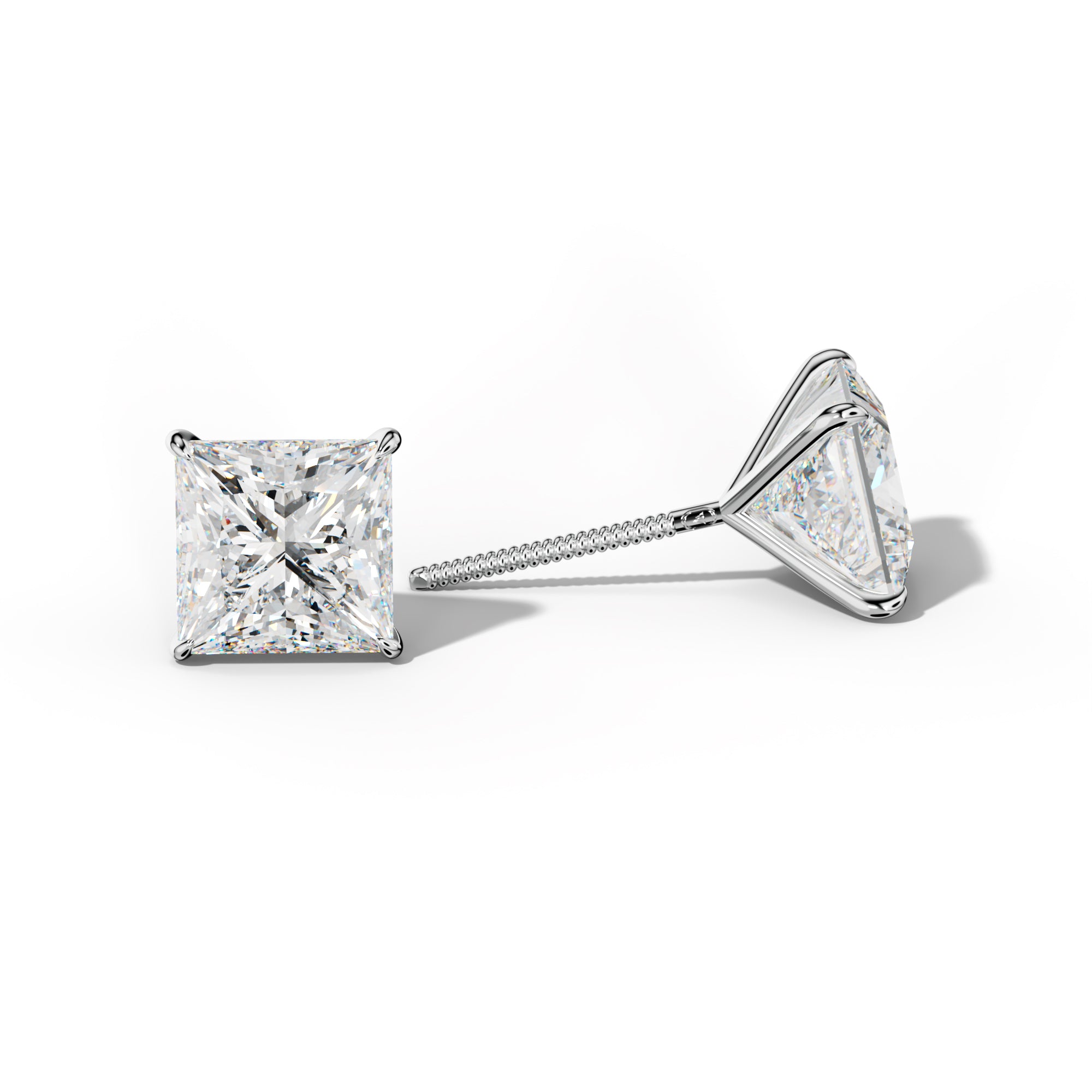 Princess Cut  Diamond Stud Earrings With  Four Prong Martini Settings