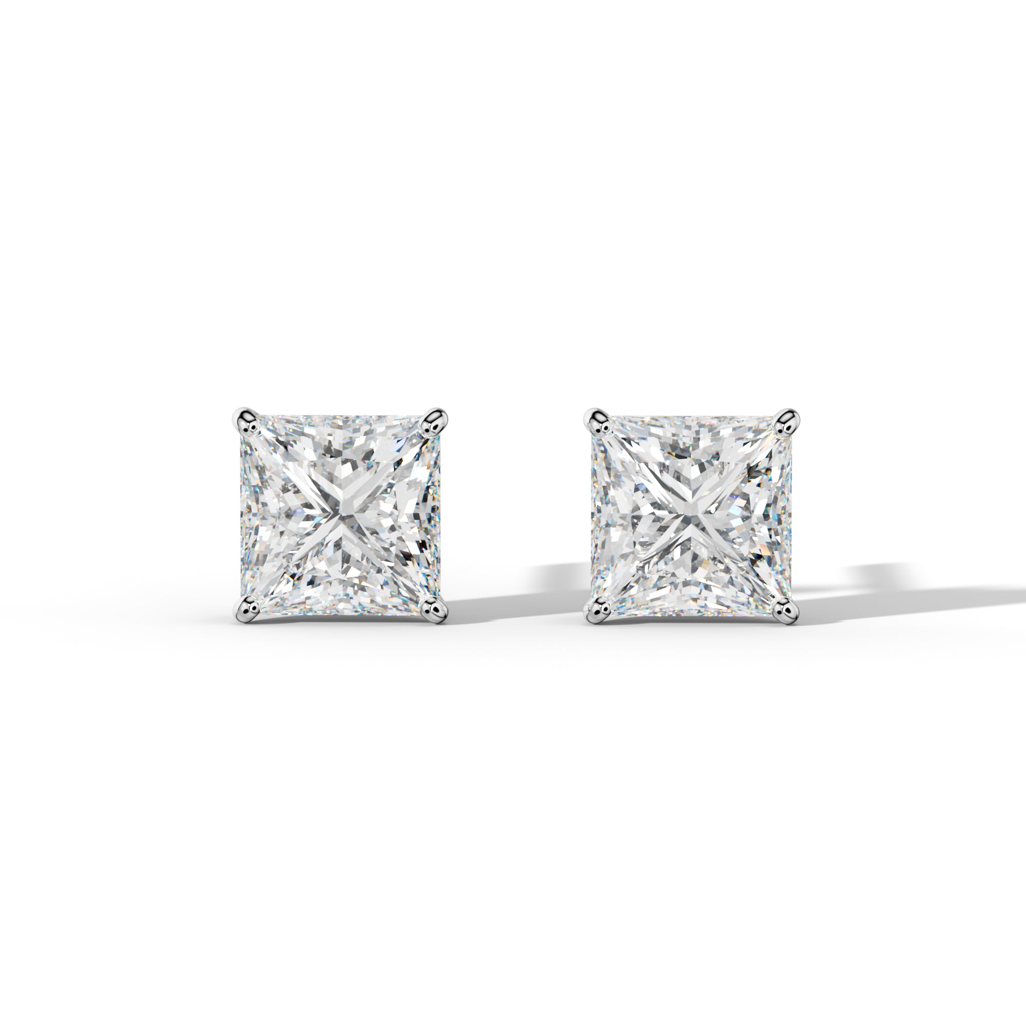 Princess Cut  Diamond Stud Earrings With  Four Classic Prong Martini Settings