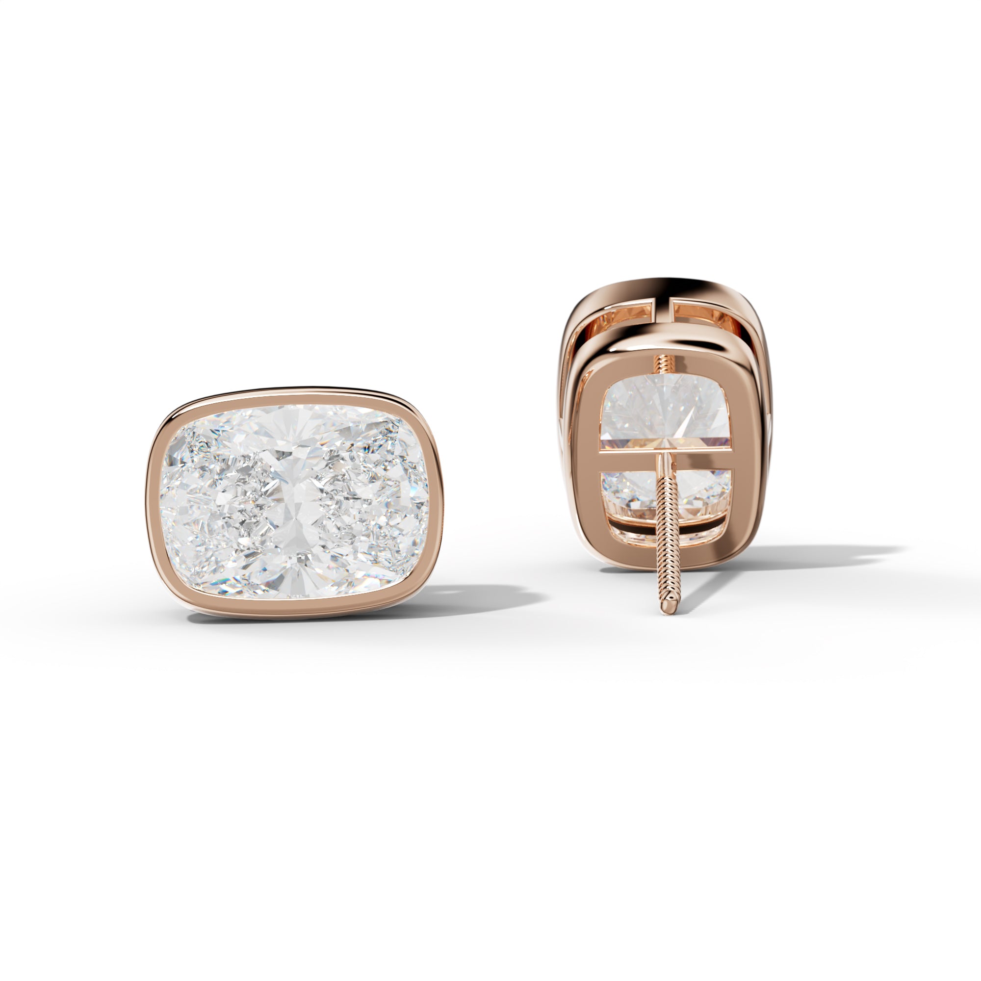 Elongated Cushion Diamond Stud Earrings With  Bezel Setting