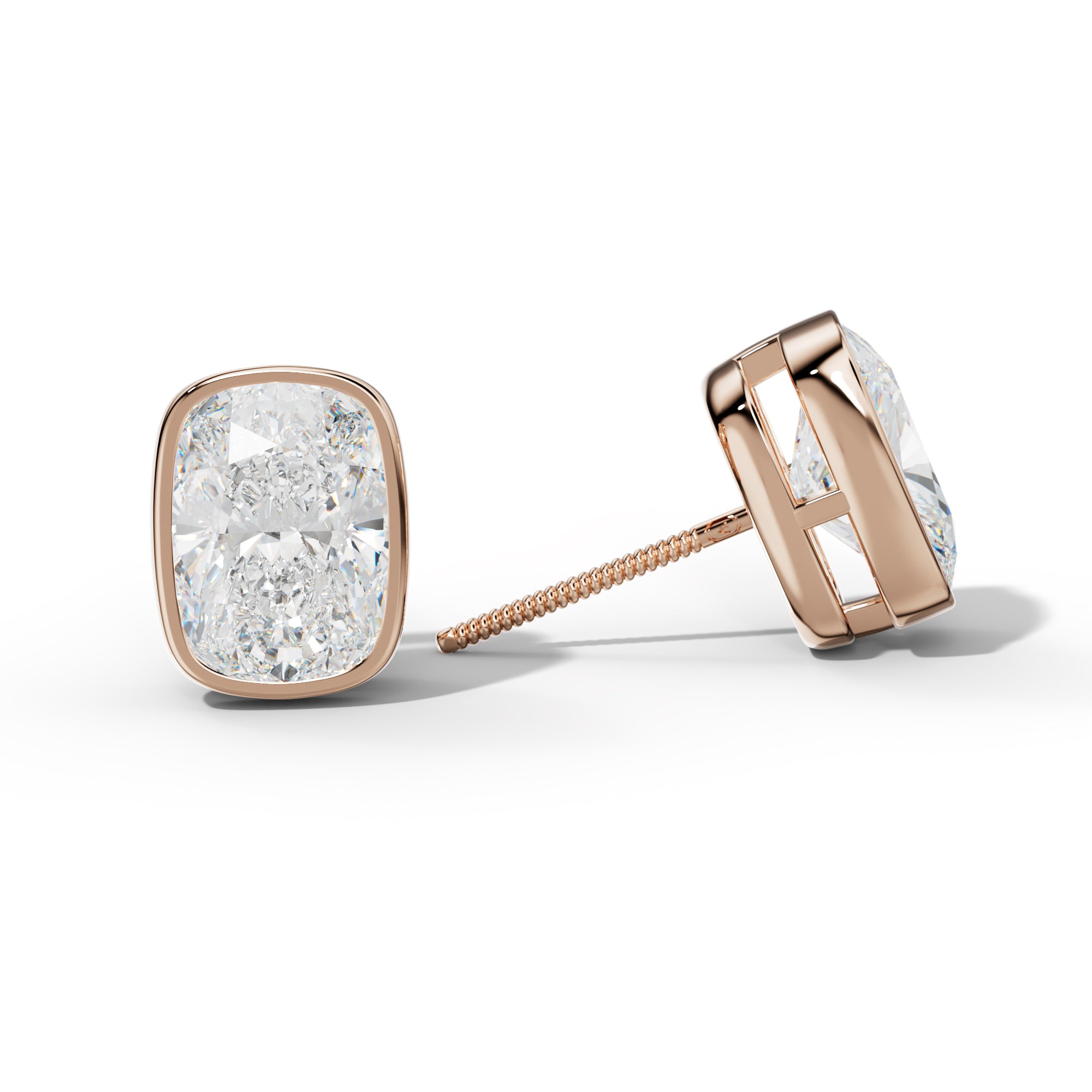 Elongated Cushion Diamond Stud Earrings With  Bezel Setting