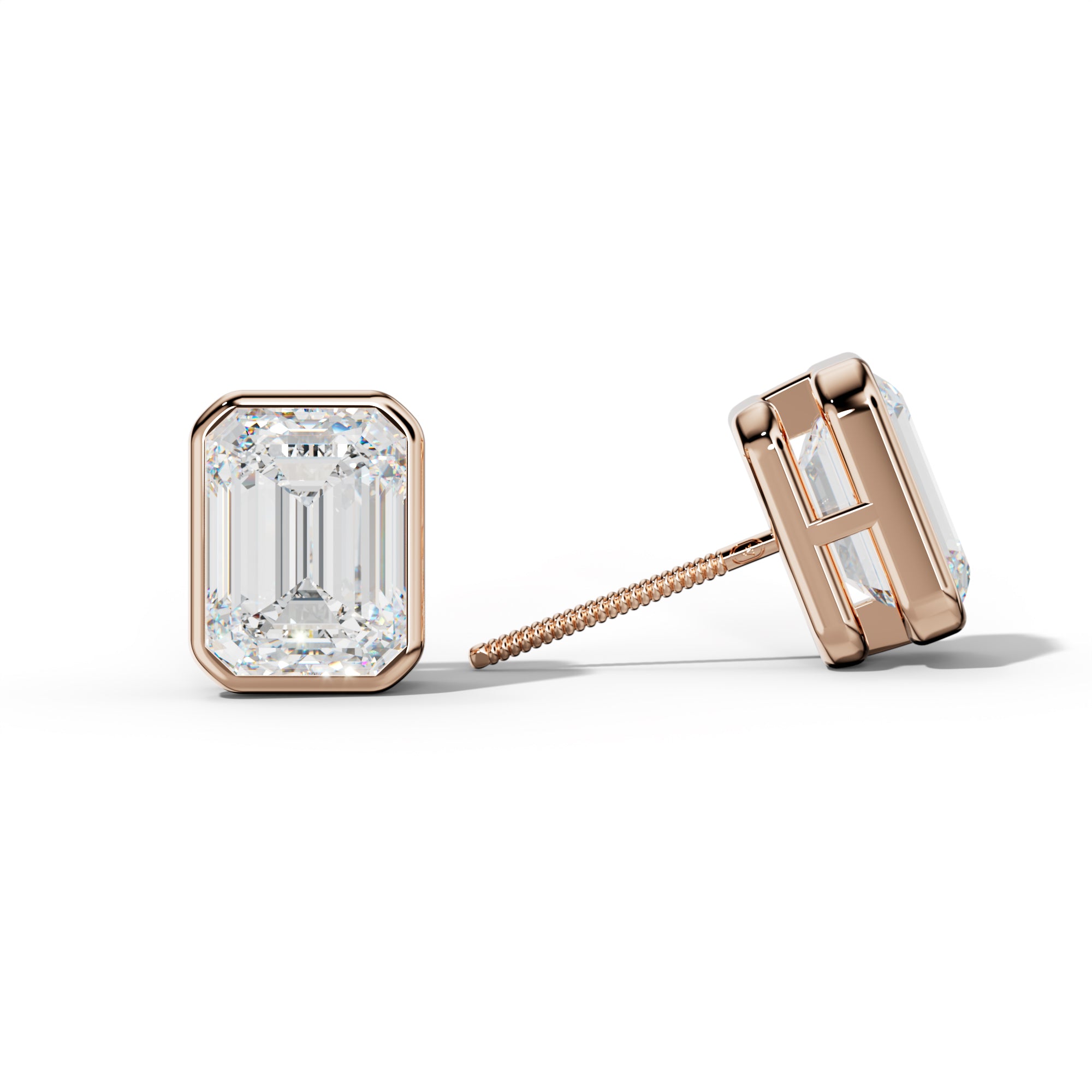 Emerald Cut Diamond Stud Earrings With  Bezel Setting