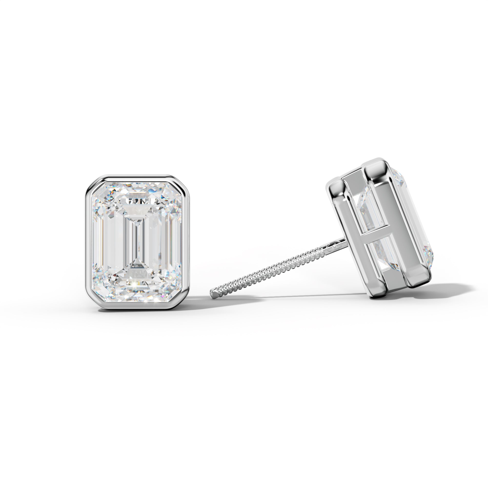 Emerald Cut Diamond Stud Earrings With  Bezel Setting