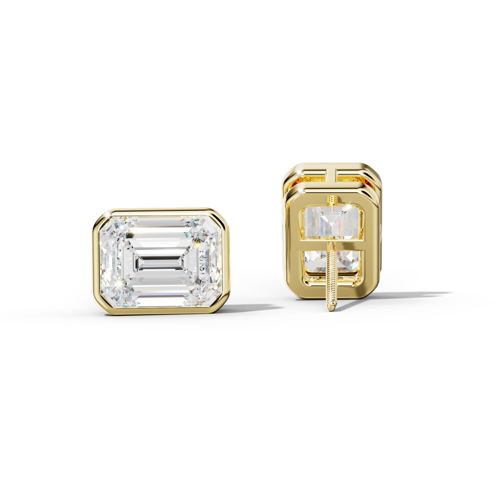 Emerald Cut Diamond Stud Earrings With  Bezel Setting