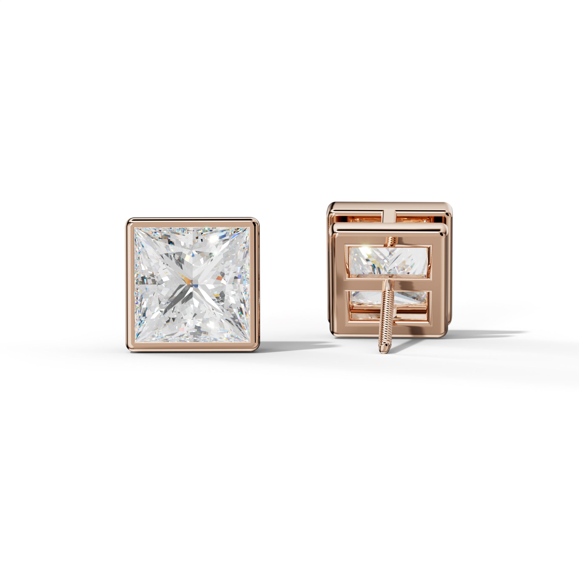 Princess Cut  Diamond Stud Earrings With Bezel Setting