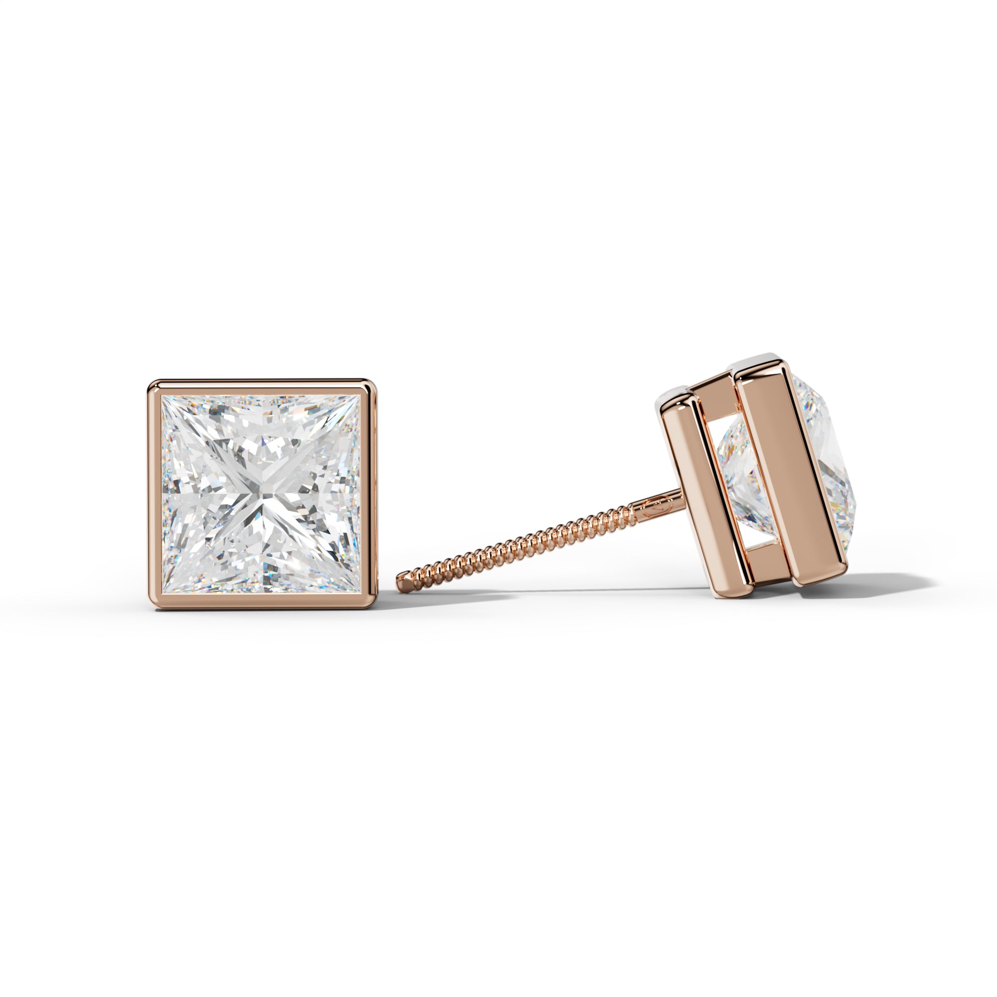 Princess Cut  Diamond Stud Earrings With Bezel Setting