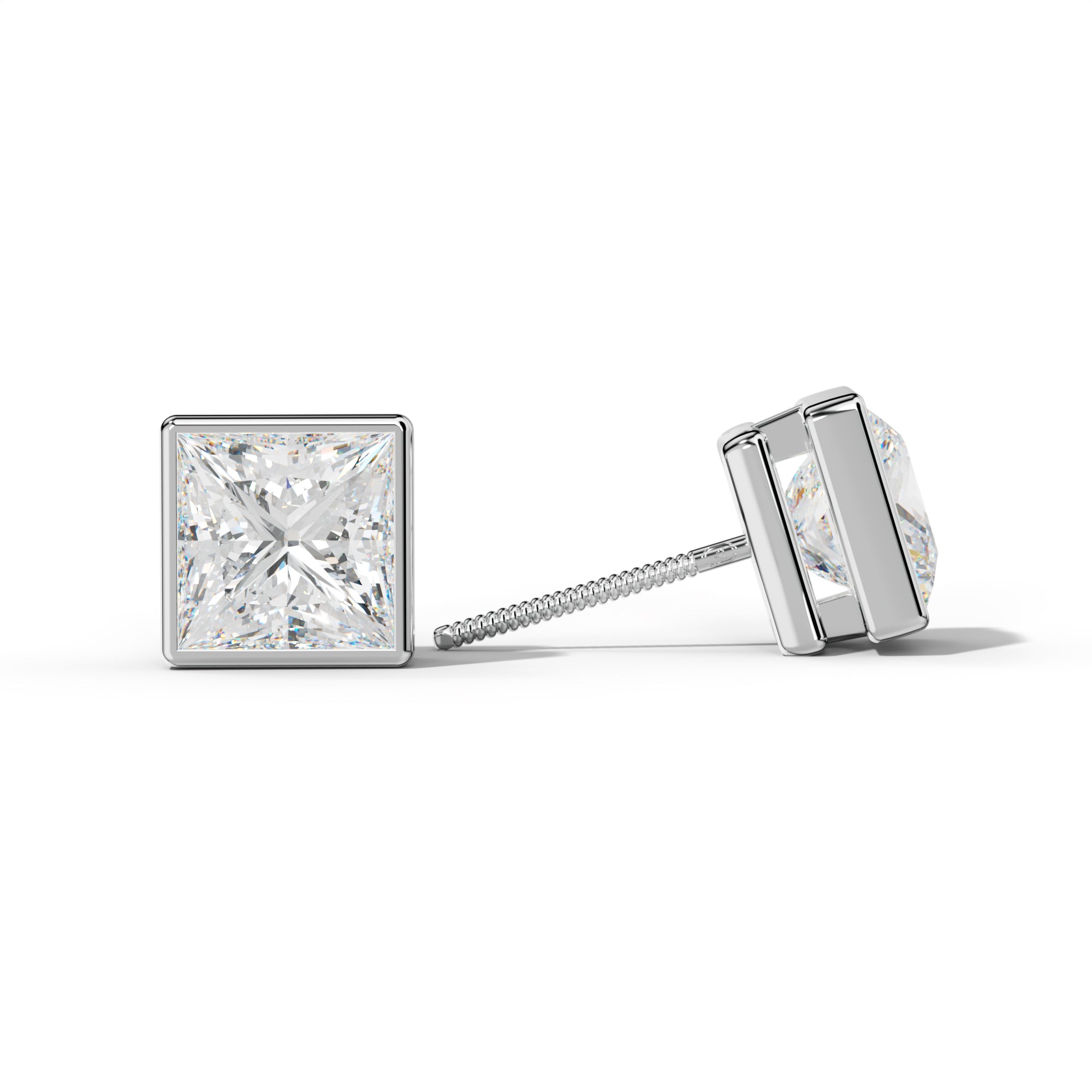 Princess Cut  Diamond Stud Earrings With Bezel Setting