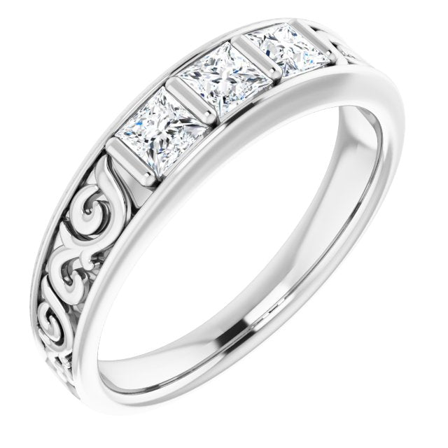 1.0 ctw Bar Set Princess Diamond Men's Ring Filigree Accent-VIRABYANI