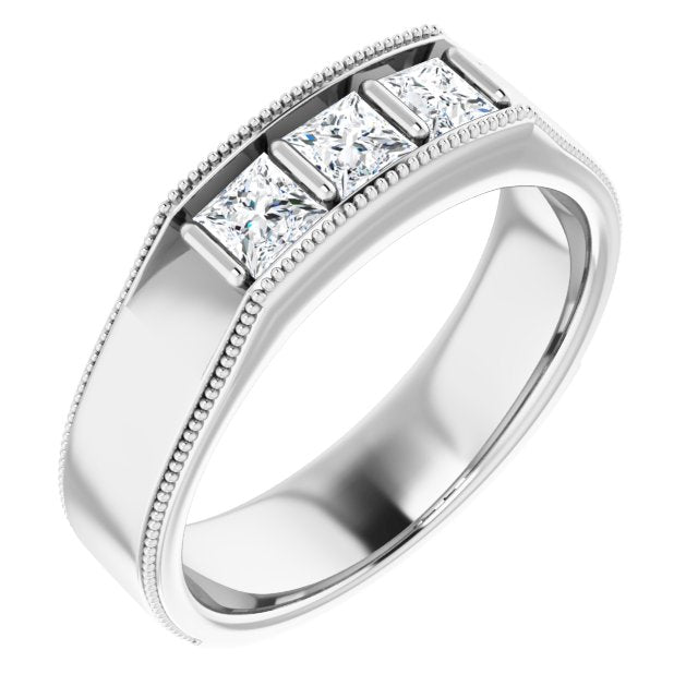 Three Stone 1.0 ctw Bar Set Princess Diamond Men's Ring Milgrain Accent-VIRABYANI