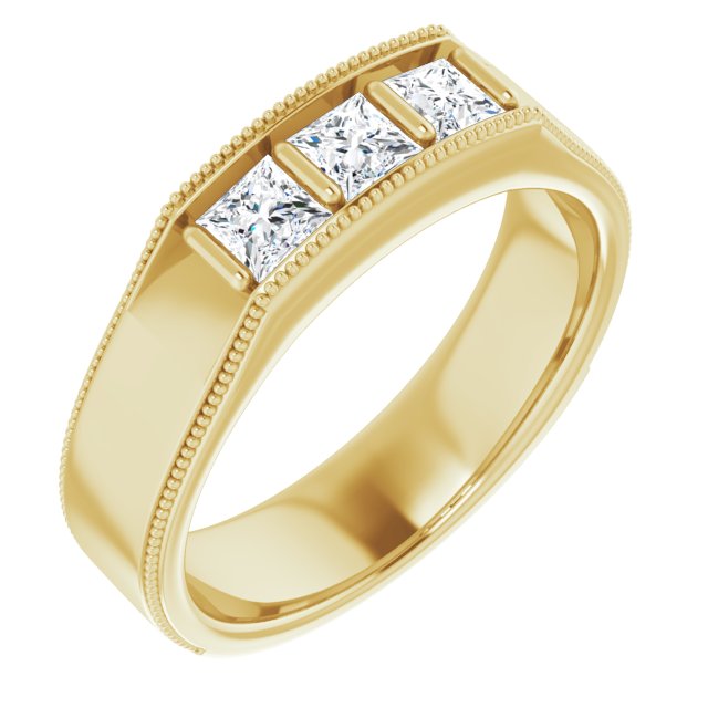 Three Stone 1.0 ctw Bar Set Princess Diamond Men's Ring Milgrain Accent-VIRABYANI