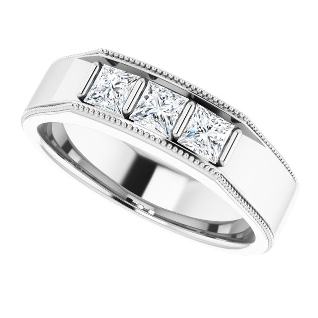 Three Stone 1.0 ctw Bar Set Princess Diamond Men's Ring Milgrain Accent-VIRABYANI