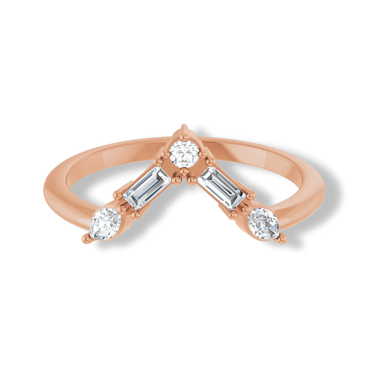 Round, Baguette And Marquise Diamond V Bar Contour Ring-VIRABYANI