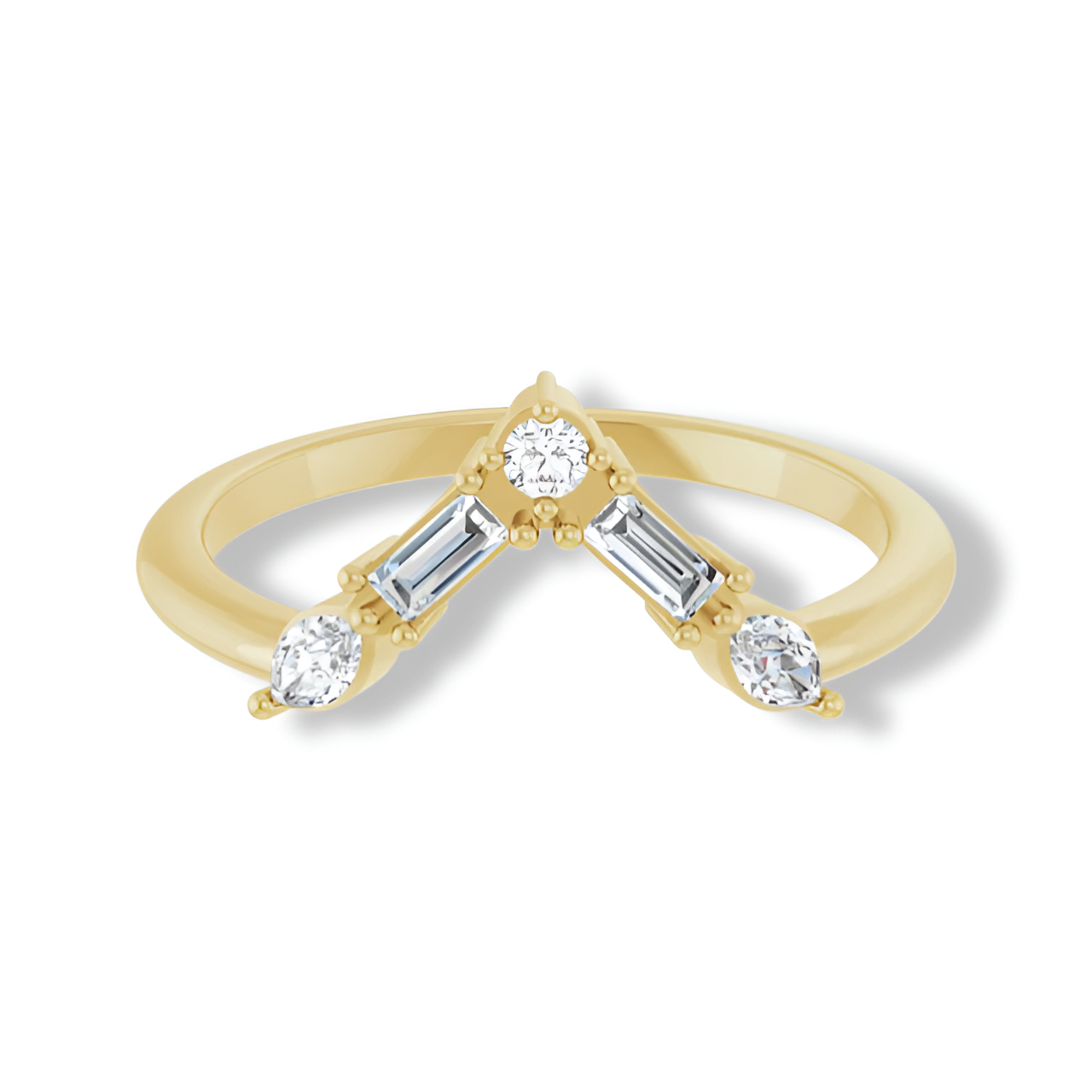 Round, Baguette And Marquise Diamond V Bar Contour Ring-VIRABYANI