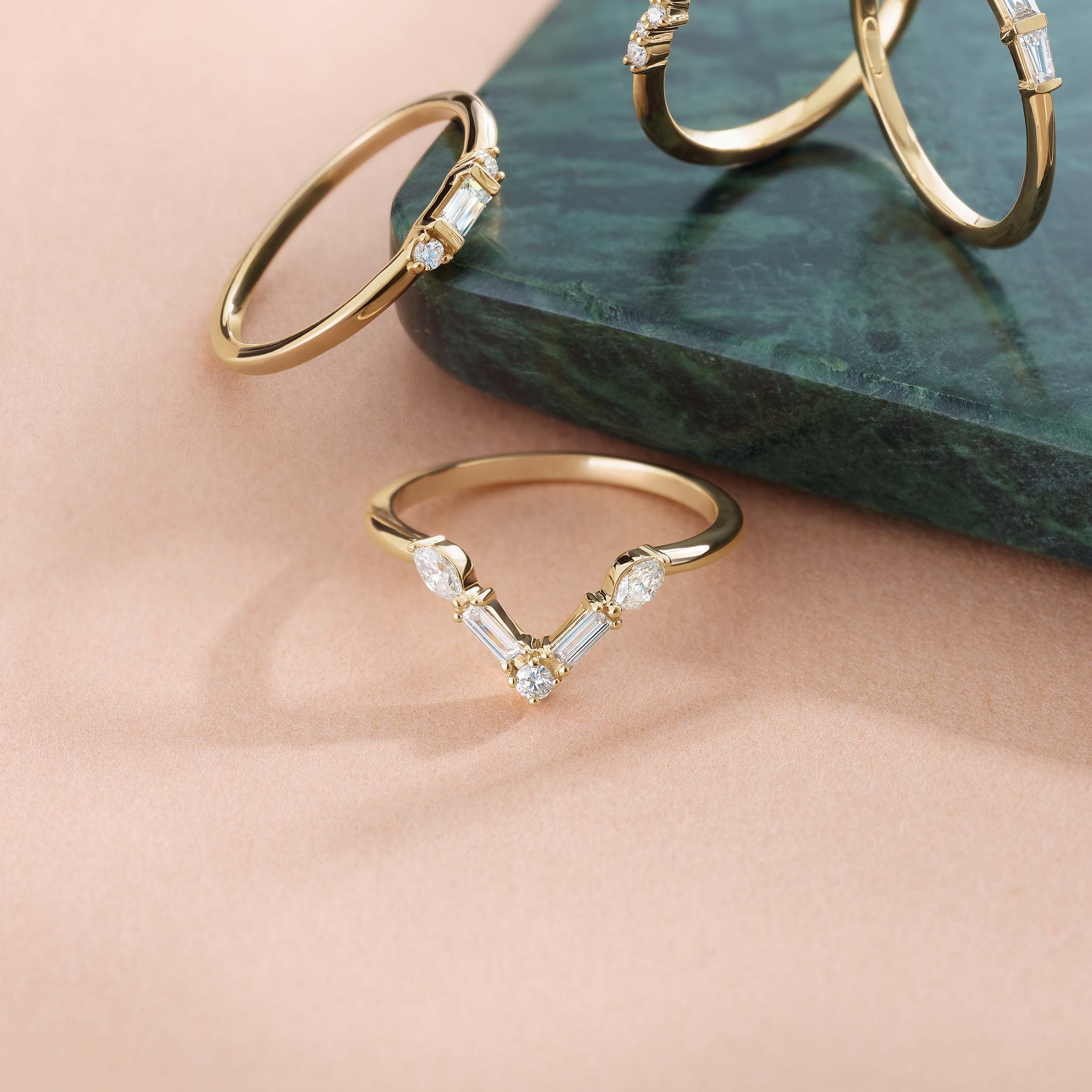 Round, Baguette And Marquise Diamond V Bar Contour Ring-VIRABYANI