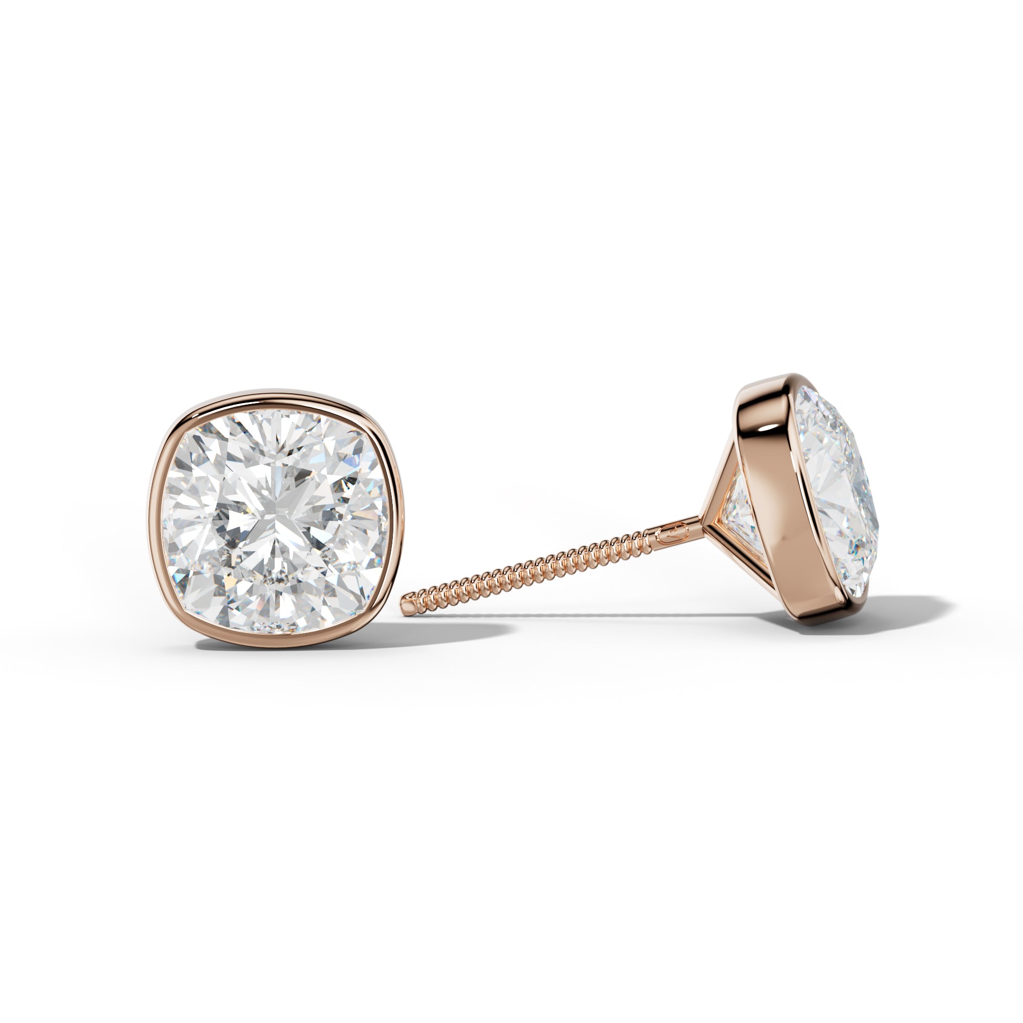 Cushion Diamond Stud Earrings With Martini Bezel Set
