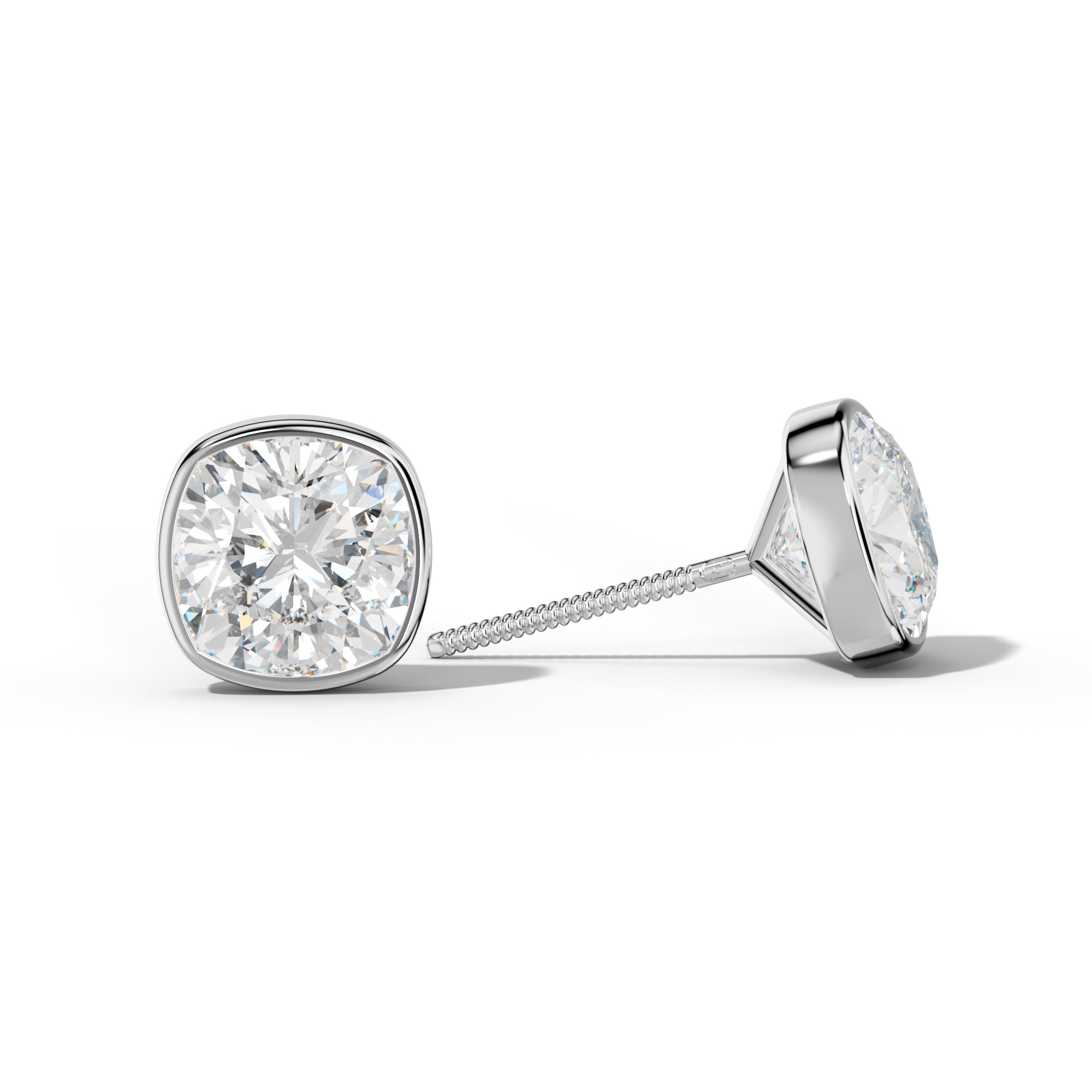 Cushion Diamond Stud Earrings With Martini Bezel Set