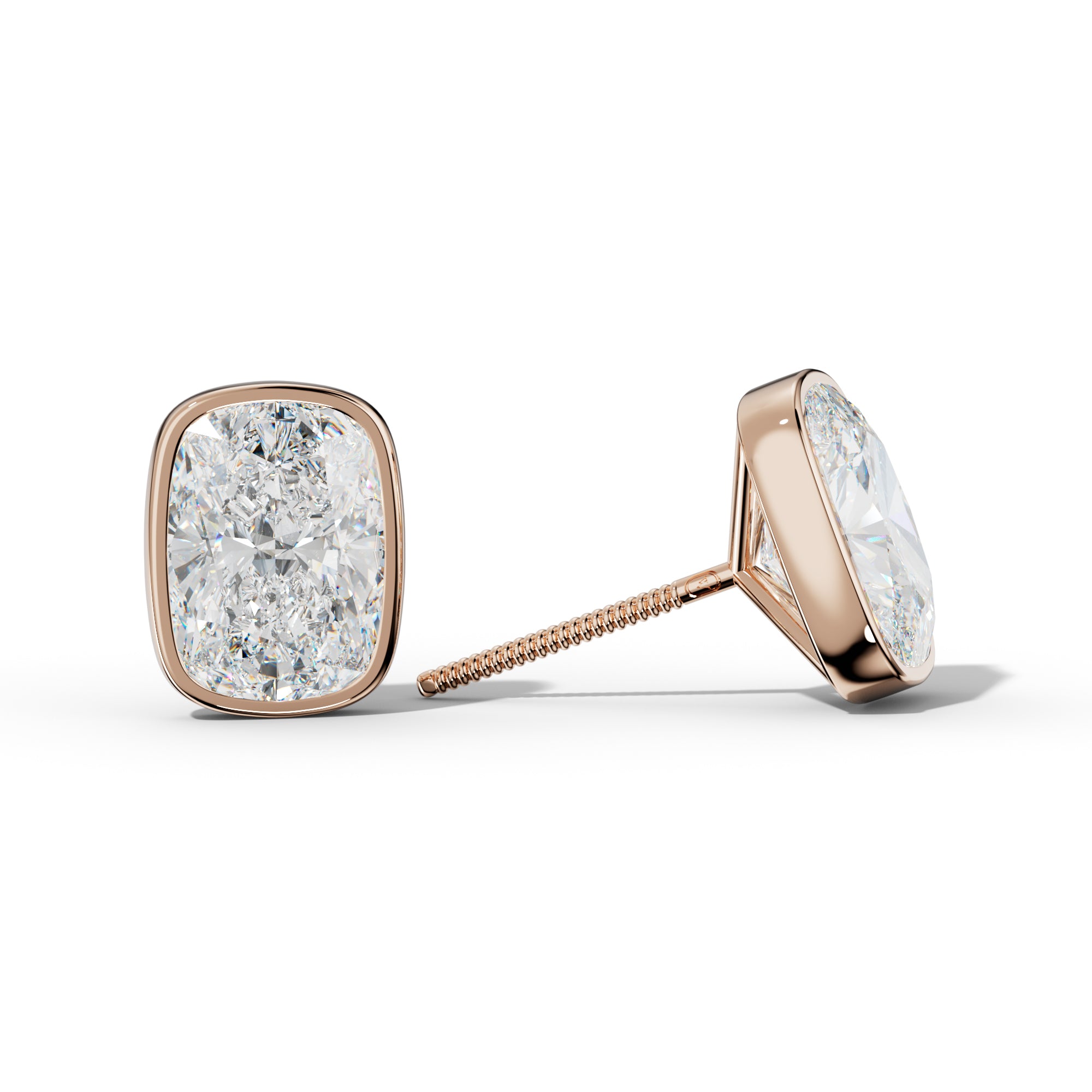 Elongated Cushion Diamond Stud Earrings With Martini Bezel Set