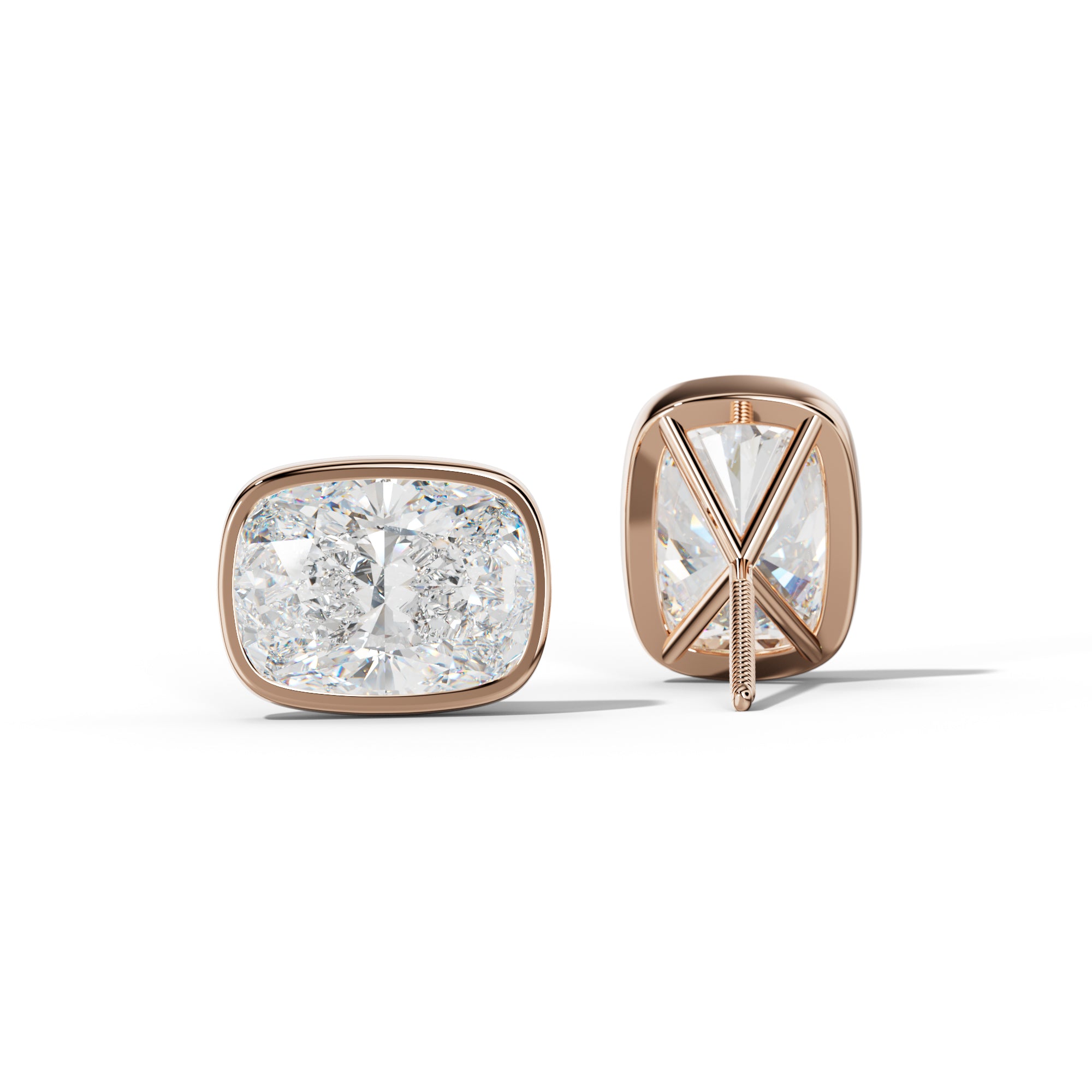 Elongated Cushion Diamond Stud Earrings With Martini Bezel Set
