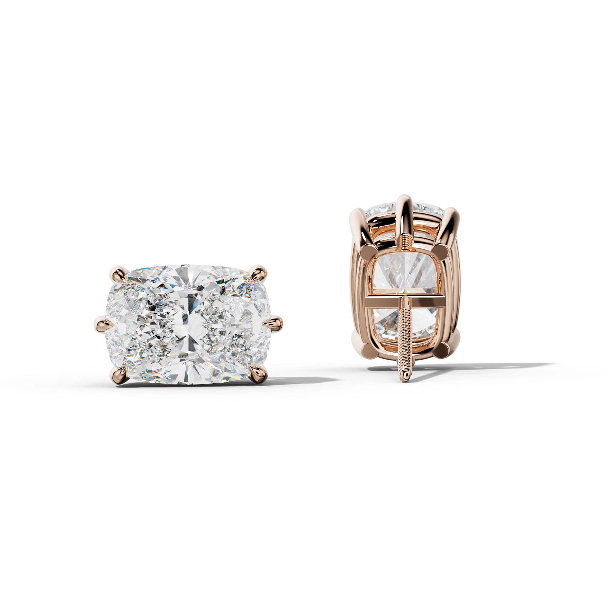 Elongated Cushion Diamond Stud Earrings With Six Prongs