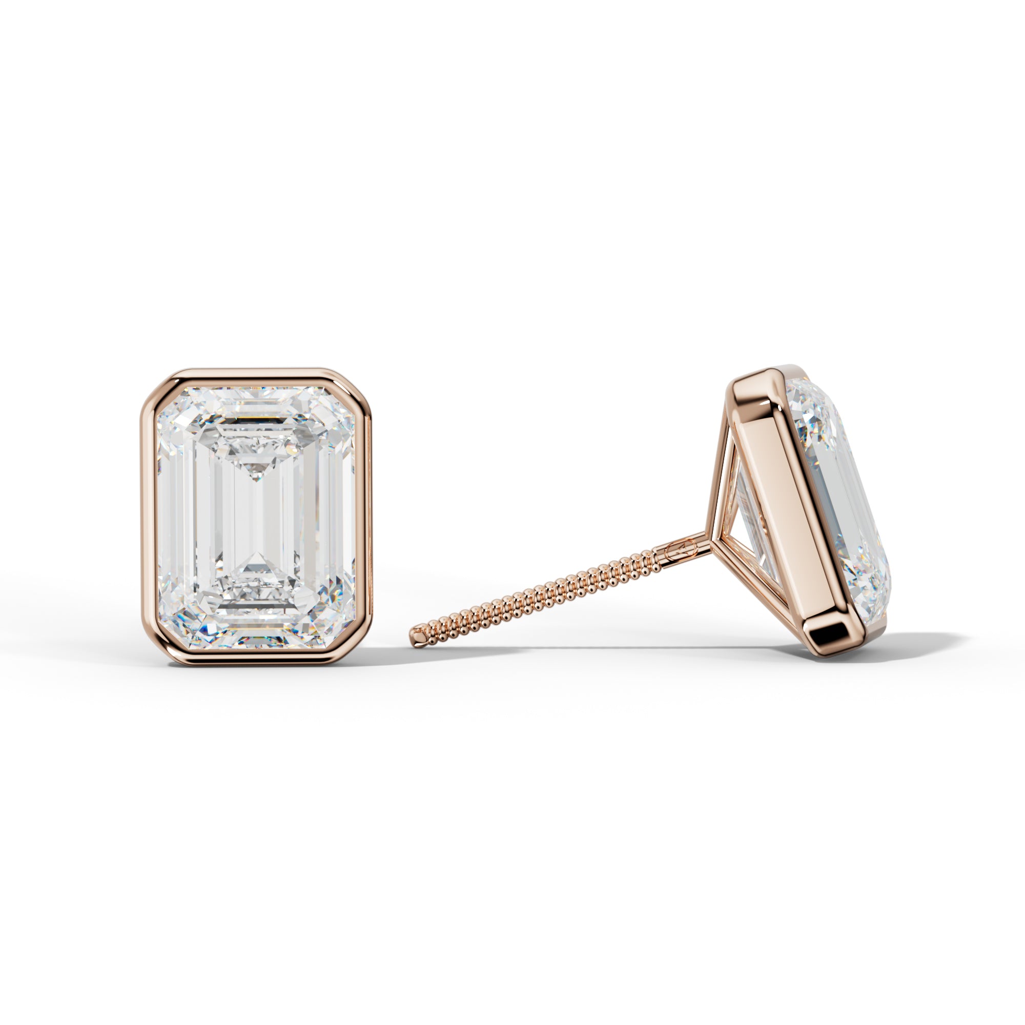 Emerald Cut Diamond Stud Earrings With Martini Bezel Set