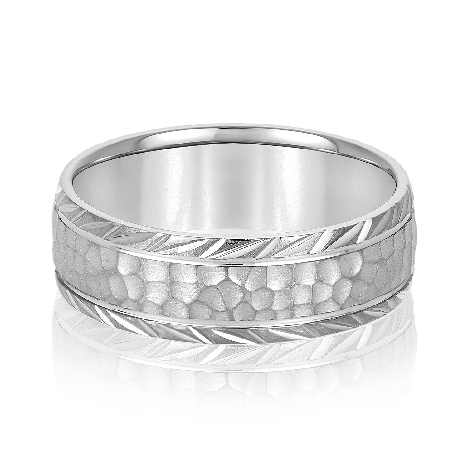 Men’s Leaf Pattern Edged Hammered Center Wedding Band-VIRABYANI